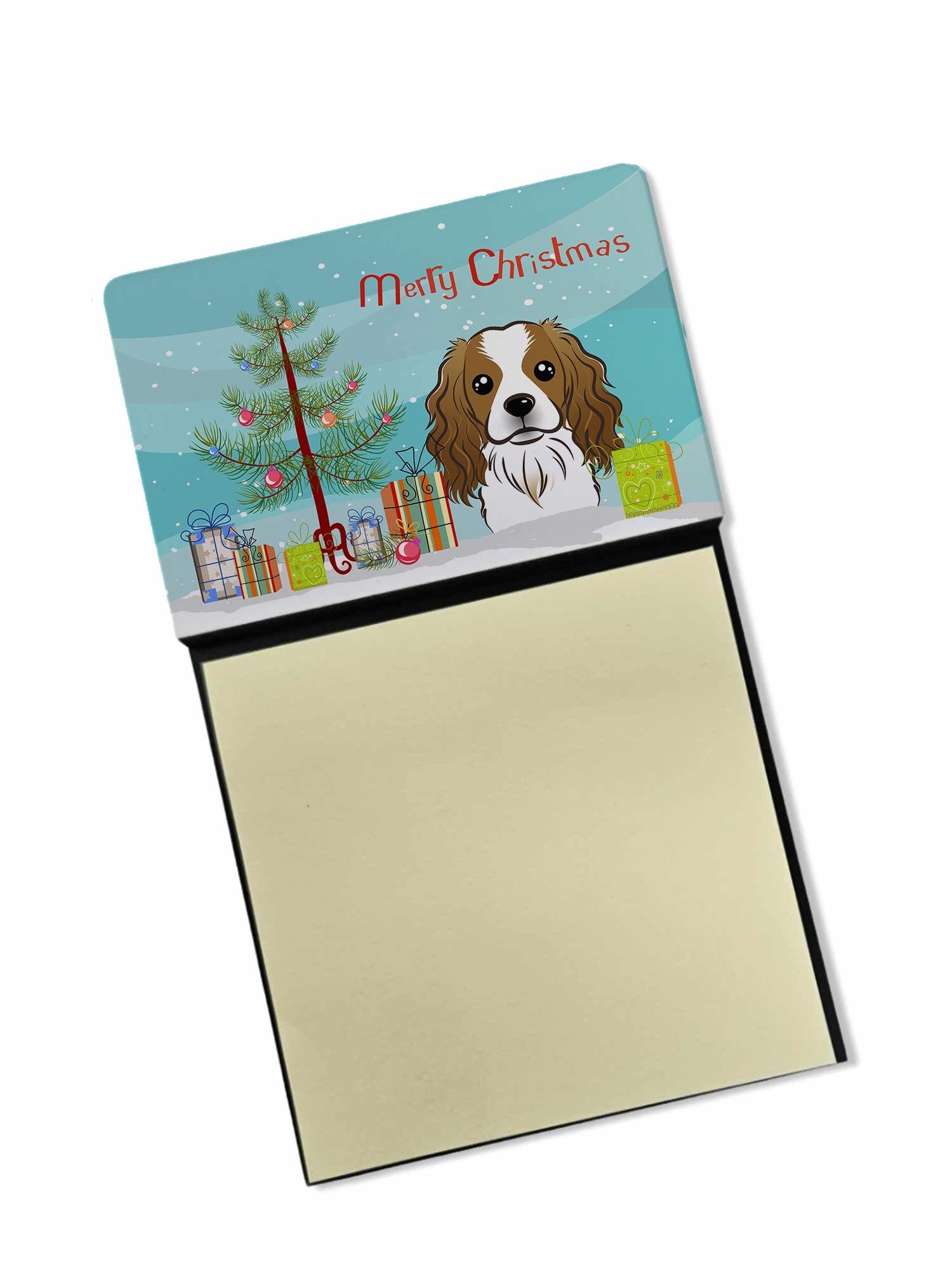 Christmas Tree and Cavalier Spaniel Watercolor Sticky Note Holder Refillable Dispenser Desk Accessory 3x3 Pad Gift