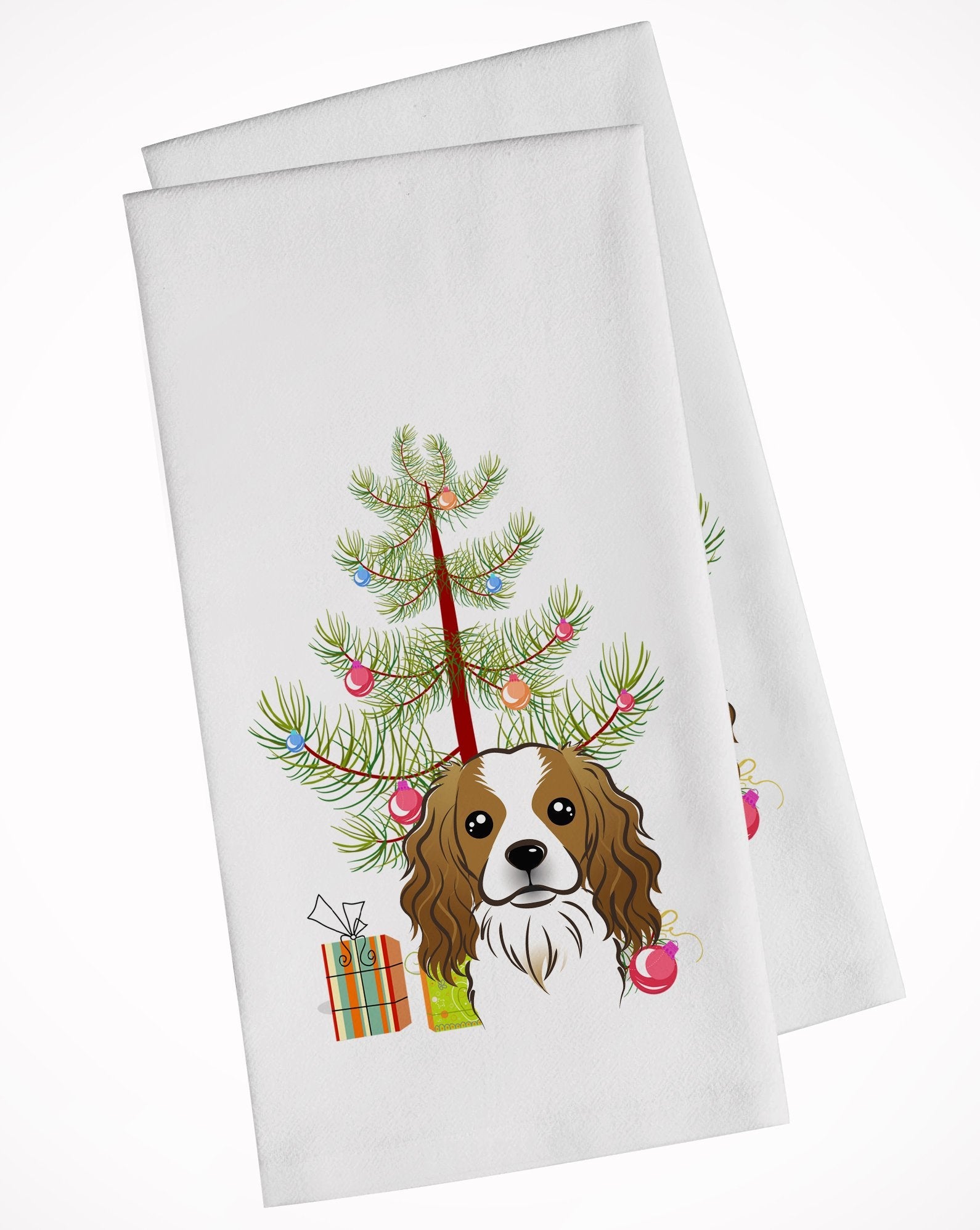 Christmas Tree and Cavalier Spaniel Kitchen Towel Set of 2 White Dish Towels Decorative Bathroom Hand towel for Hand, Face, Hair, Yoga, Tea, Dishcloth, 19 X 28", White