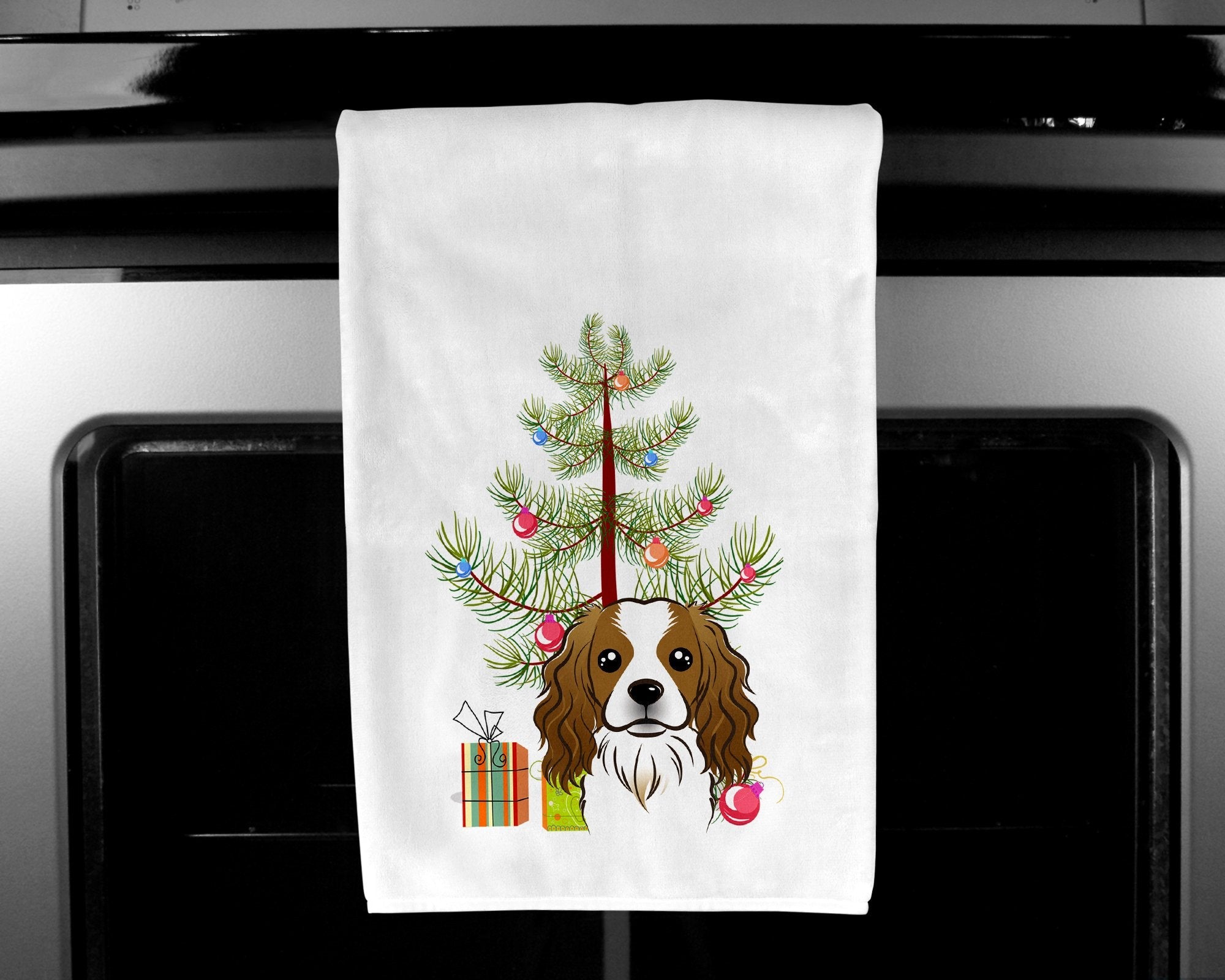 Christmas Tree and Cavalier Spaniel Kitchen Towel Set of 2 White Dish Towels Decorative Bathroom Hand towel for Hand, Face, Hair, Yoga, Tea, Dishcloth, 19 X 28", White