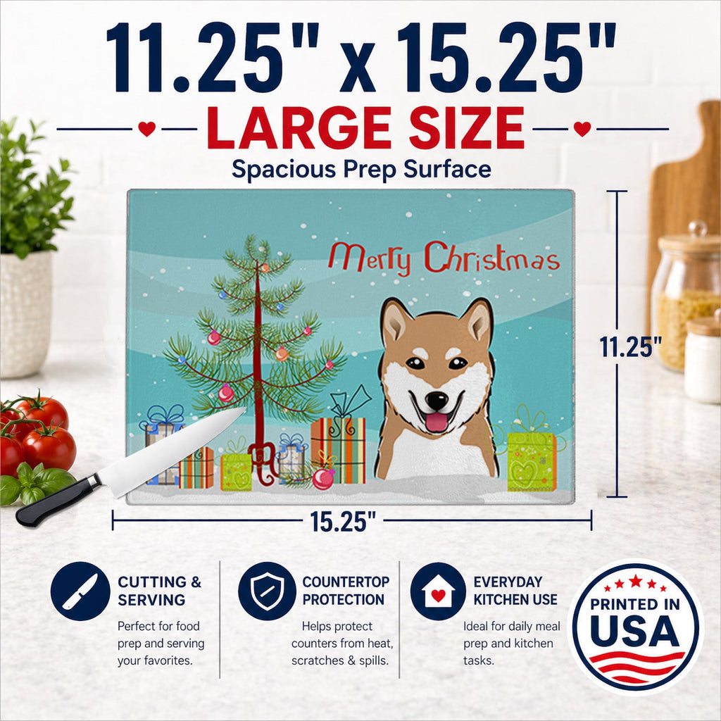 Christmas Tree and Shiba Inu Cutting Board Tempered Glass Kitchen Cutting Surface, Heat Resistant Chopping, Non-Slip Feet, Food Prep & Serving