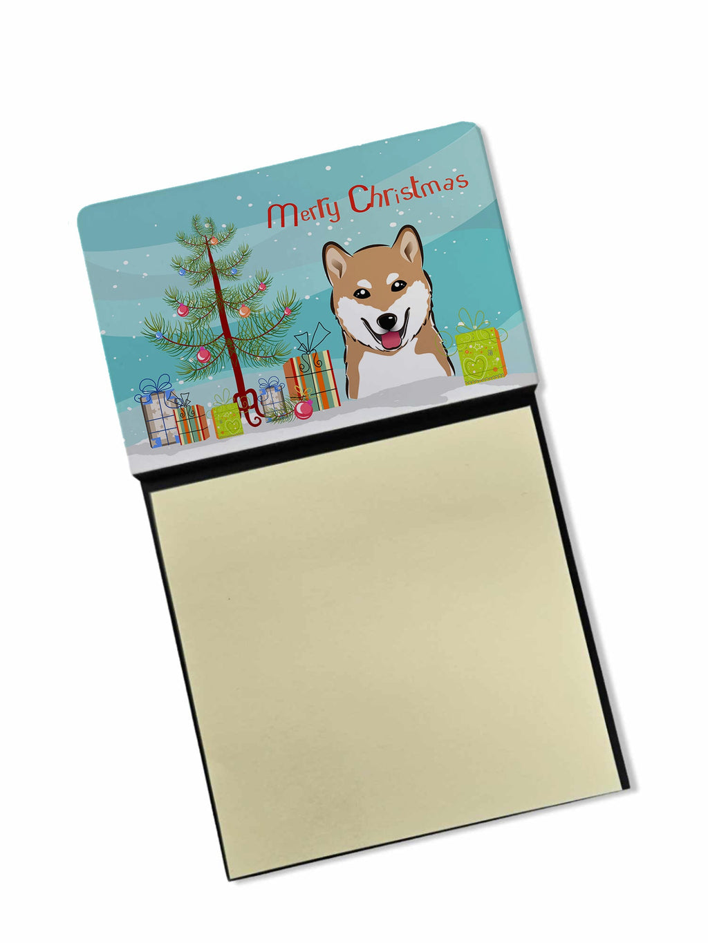 Christmas Tree and Shiba Inu Watercolor Sticky Note Holder Refillable Dispenser Desk Accessory 3x3 Pad Gift