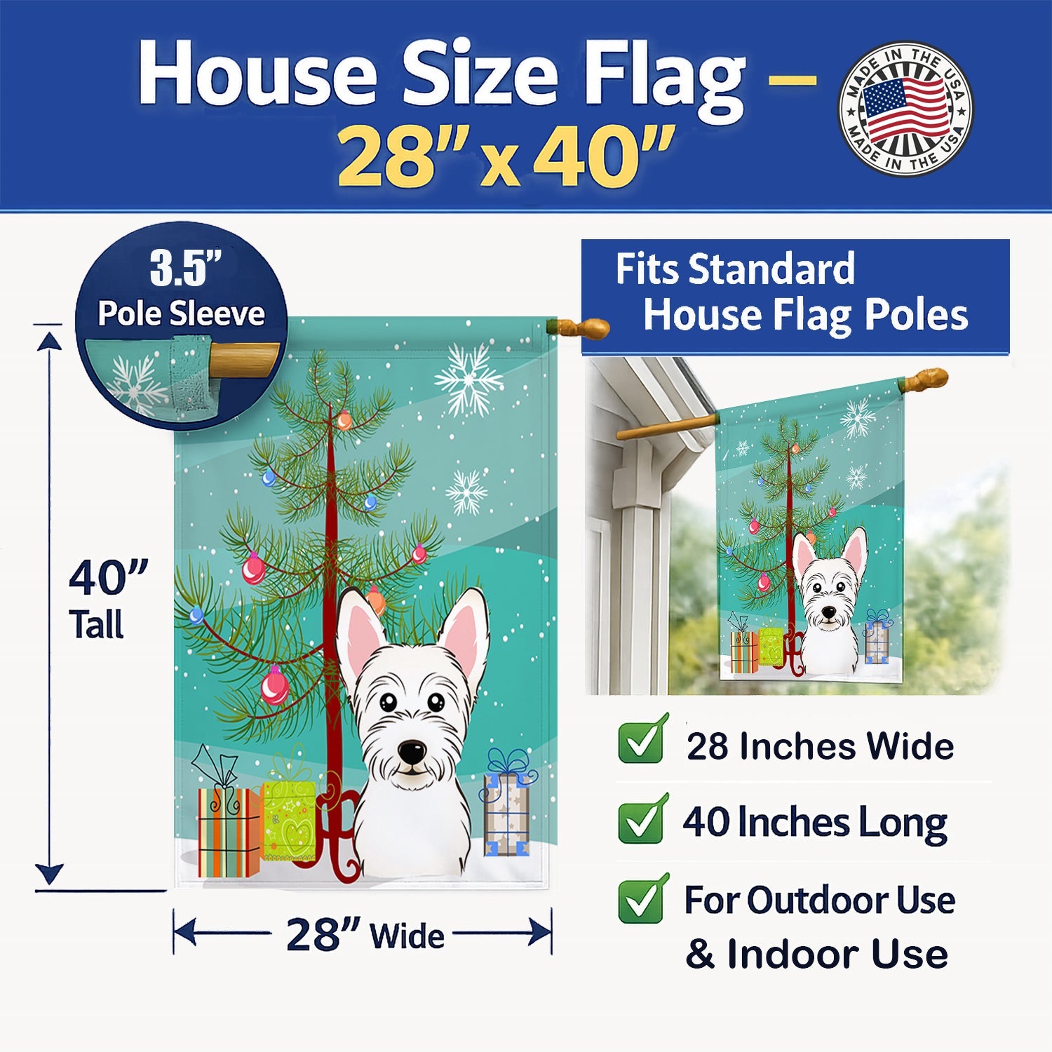 Christmas Tree and Westie House Flag 28x40 Porch Sleeve Pole Decorative Outside Yard Banner Artwork Wall Hanging, Polyester