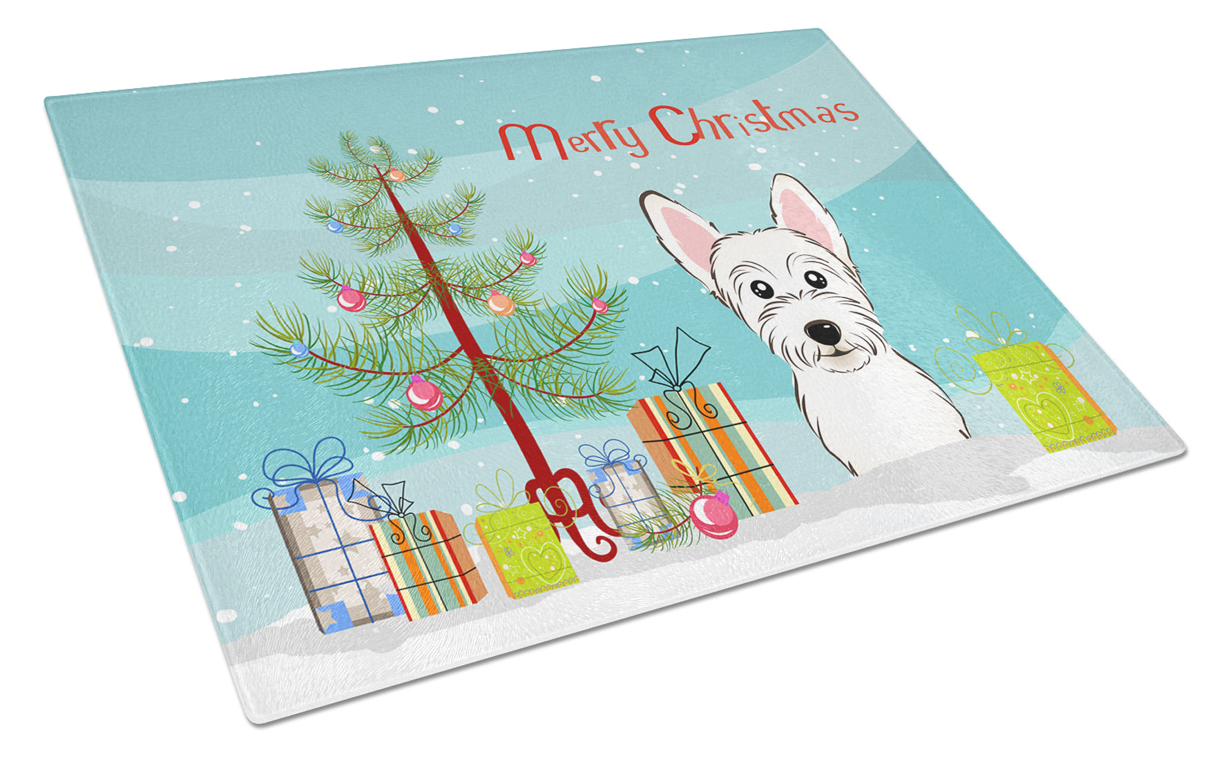 Christmas Tree and Westie Cutting Board Tempered Glass Kitchen Cutting Surface, Heat Resistant Chopping, Non-Slip Feet, Food Prep & Serving