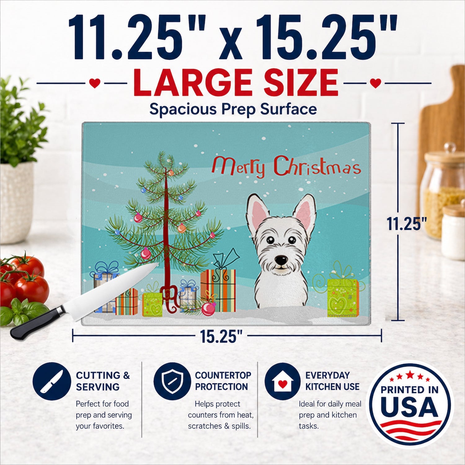 Christmas Tree and Westie Cutting Board Tempered Glass Kitchen Cutting Surface, Heat Resistant Chopping, Non-Slip Feet, Food Prep & Serving