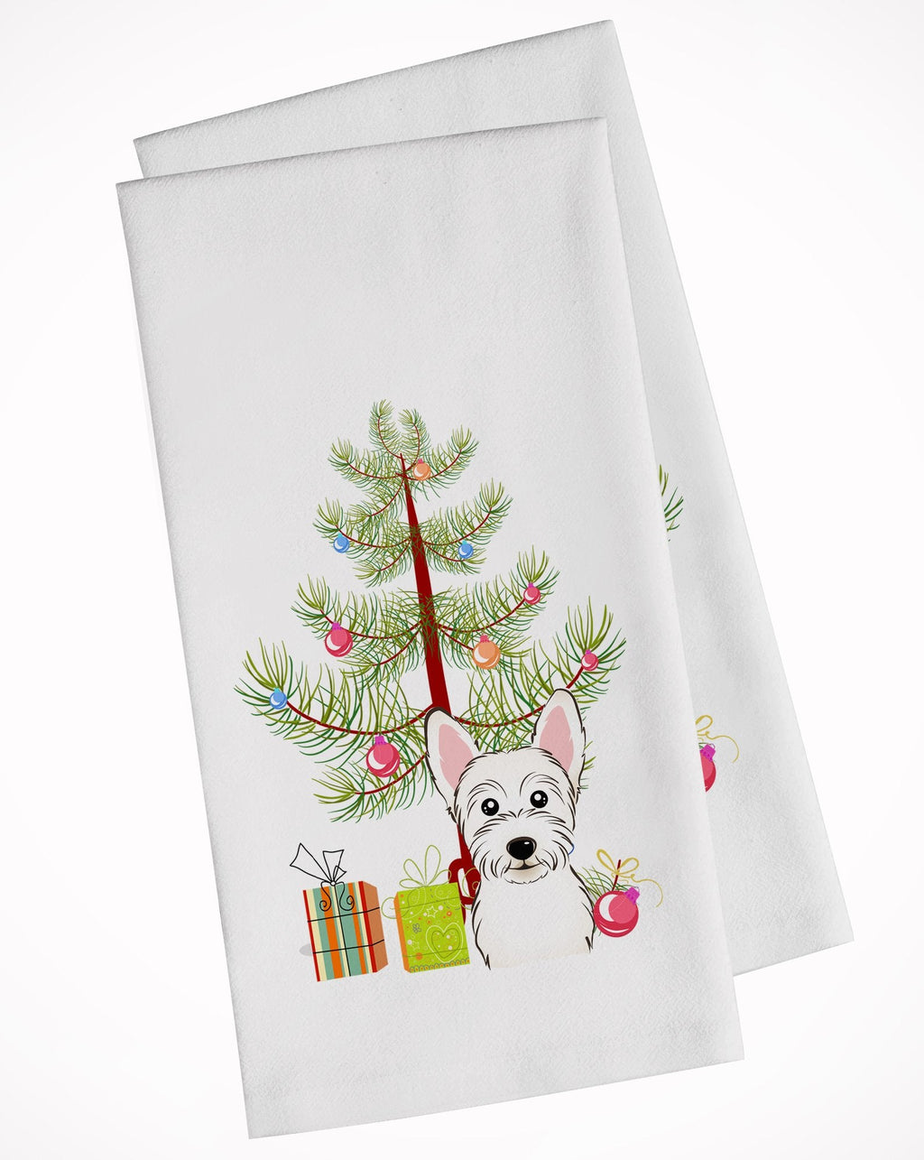 Christmas Tree and Westie Kitchen Towel Set of 2 White Dish Towels Decorative Bathroom Hand towel for Hand, Face, Hair, Yoga, Tea, Dishcloth, 19 X 28", White