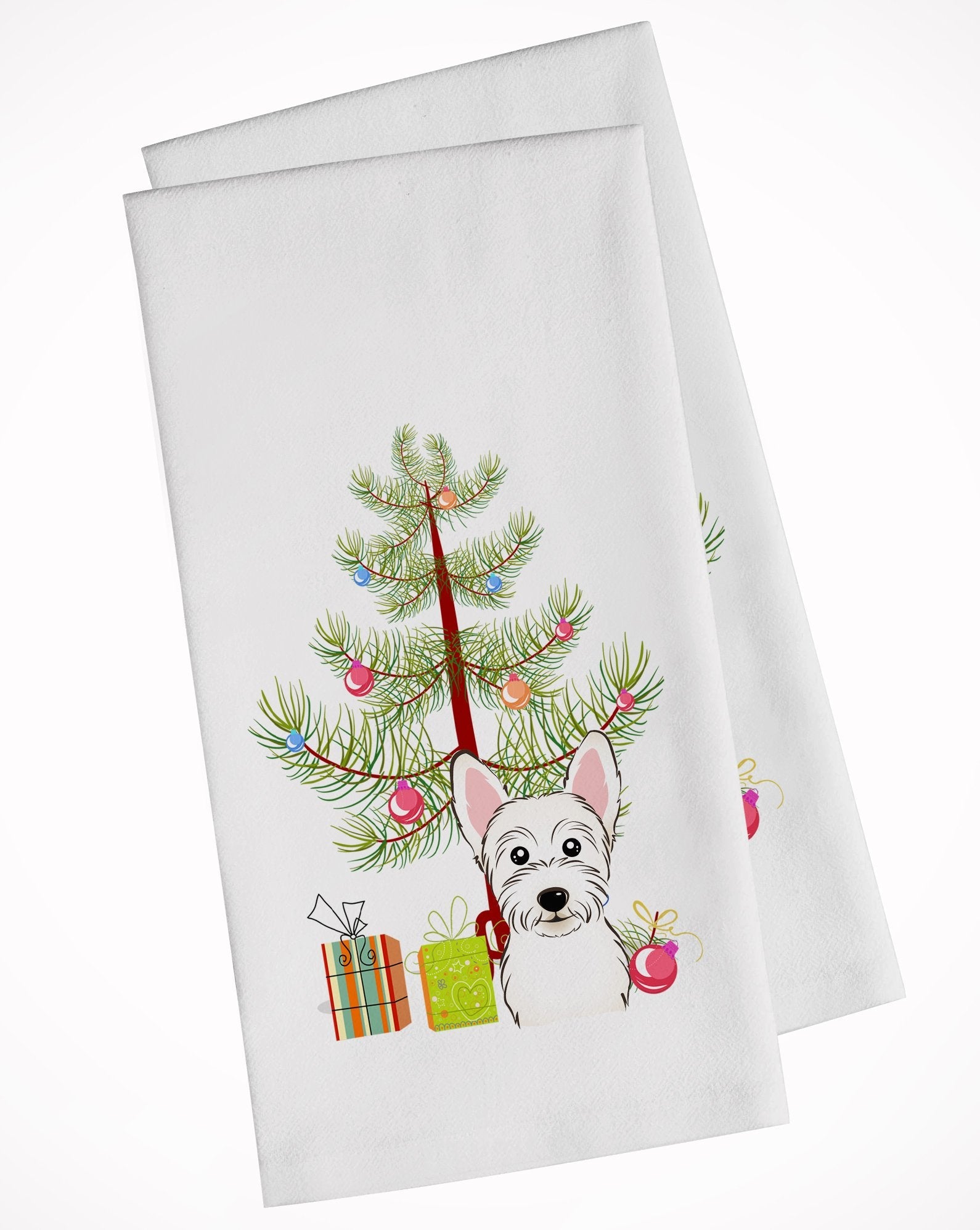 Christmas Tree and Westie Kitchen Towel Set of 2 White Dish Towels Decorative Bathroom Hand towel for Hand, Face, Hair, Yoga, Tea, Dishcloth, 19 X 28", White