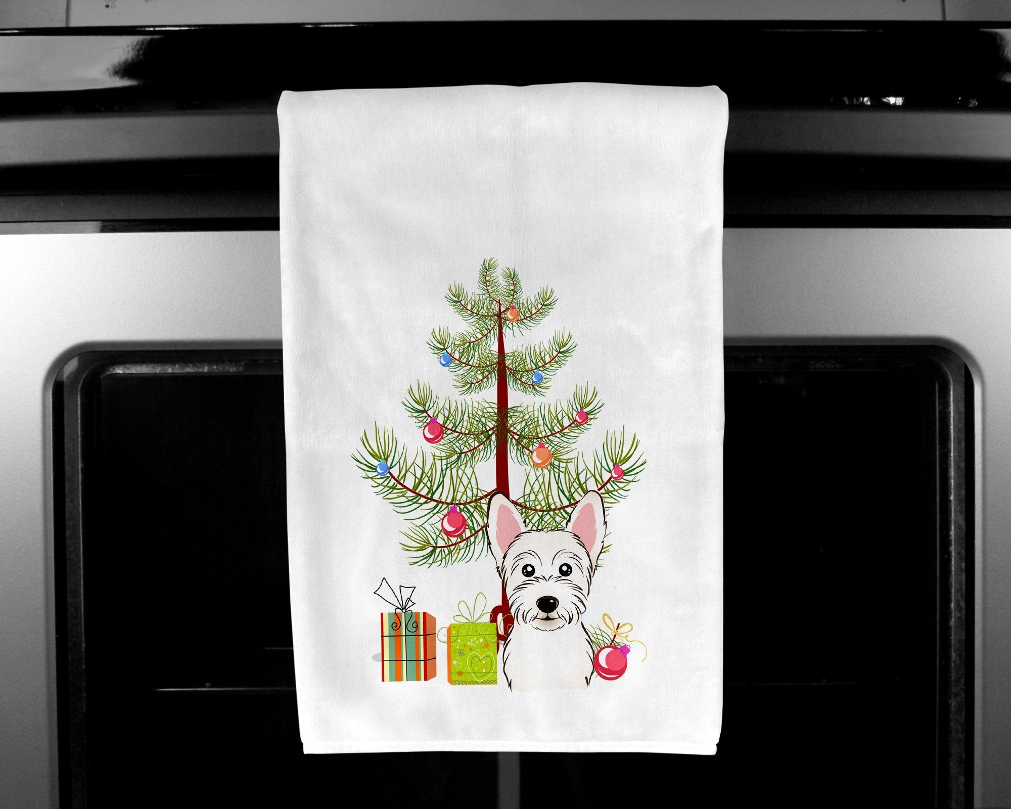 Christmas Tree and Westie Kitchen Towel Set of 2 White Dish Towels Decorative Bathroom Hand towel for Hand, Face, Hair, Yoga, Tea, Dishcloth, 19 X 28", White