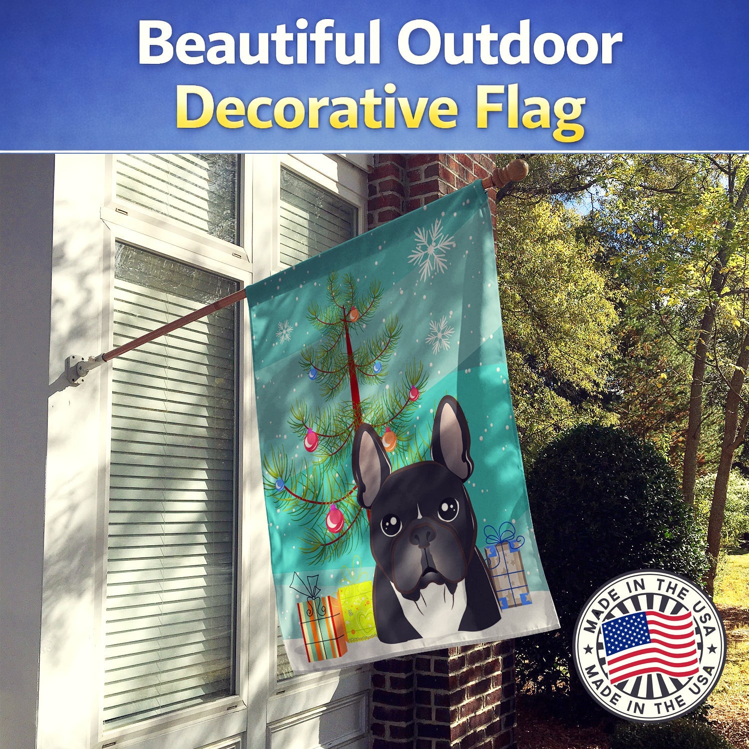 Christmas Tree and French Bulldog House Flag 28x40 Porch Sleeve Pole Decorative Outside Yard Banner Artwork Wall Hanging, Polyester