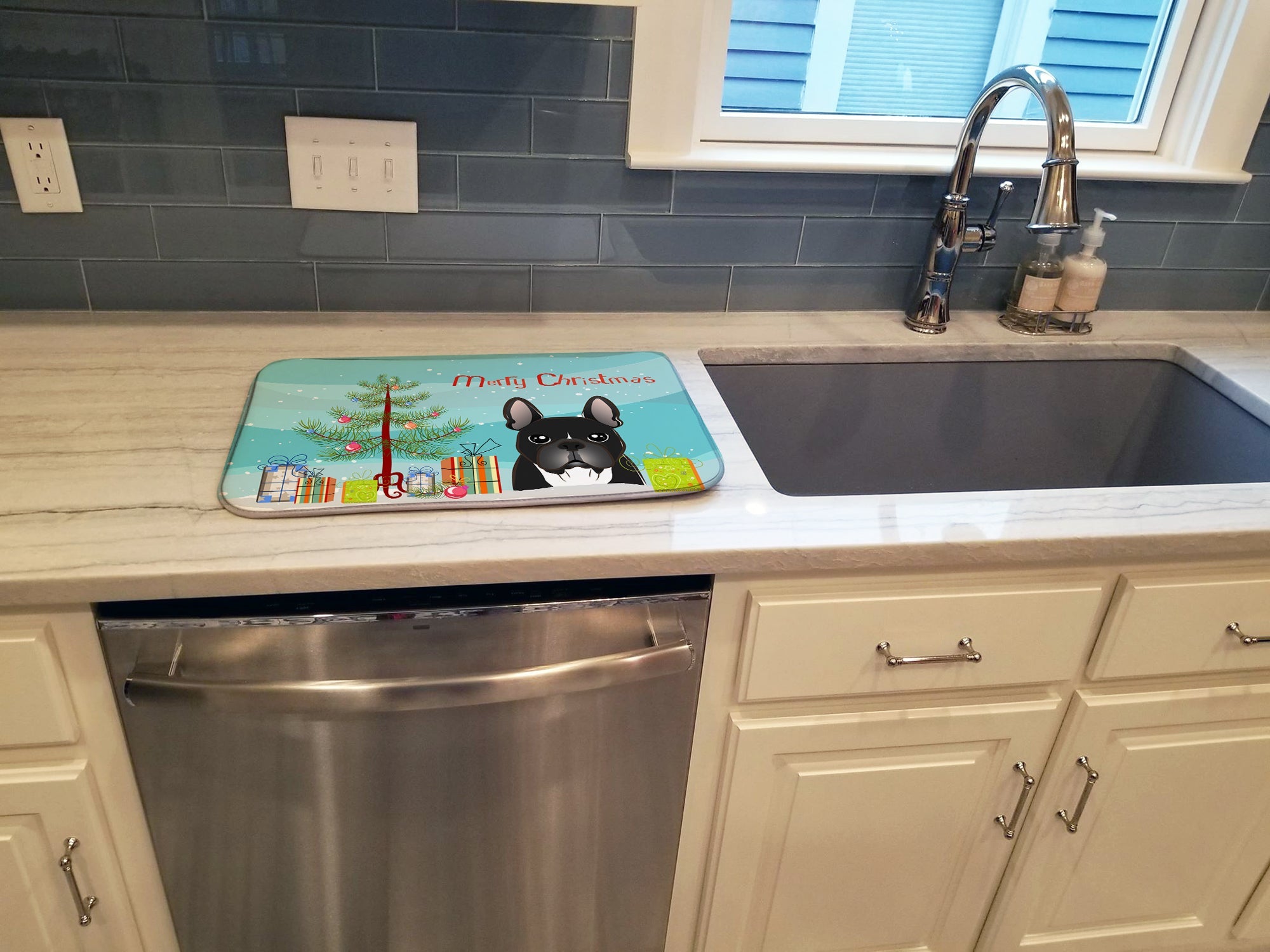 Christmas Tree and French Bulldog Dish Drying Mat Absorbent Dish Drying Mat Pad for Kitchen Counter Dish Drainer Mat for Countertop, 14 x 21", Multicolor