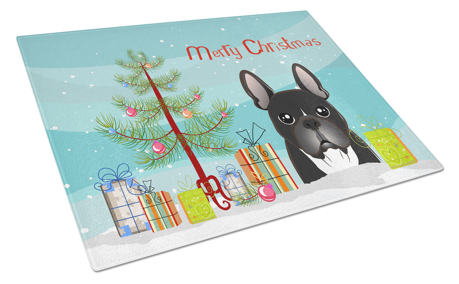 Christmas Tree and French Bulldog Cutting Board Tempered Glass Kitchen Cutting Surface, Heat Resistant Chopping, Non-Slip Feet, Food Prep & Serving