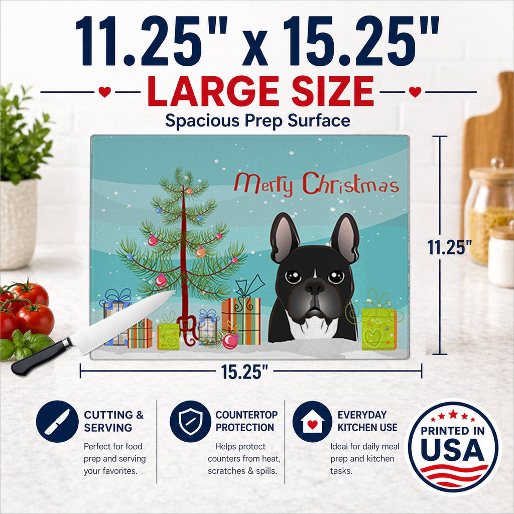 Christmas Tree and French Bulldog Cutting Board Tempered Glass Kitchen Cutting Surface, Heat Resistant Chopping, Non-Slip Feet, Food Prep & Serving