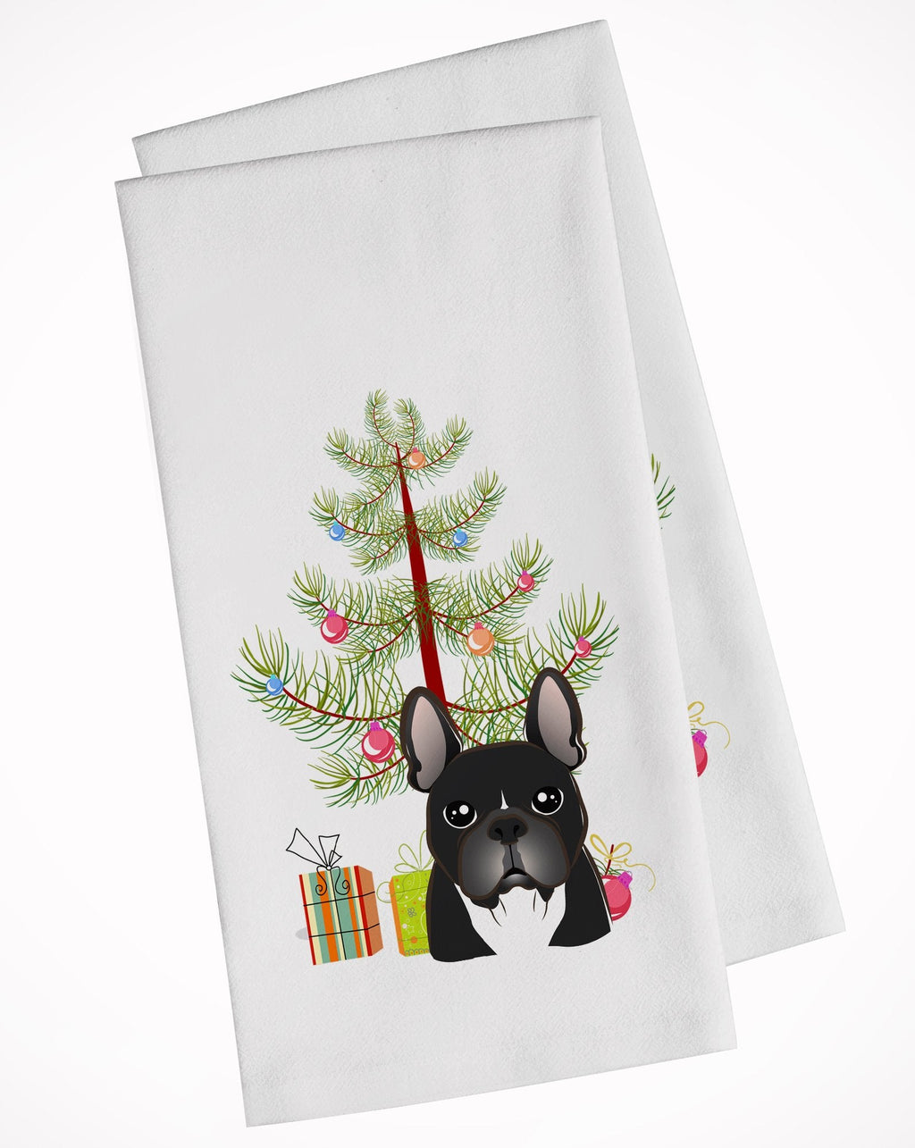 Christmas Tree and French Bulldog Kitchen Towel Set of 2 White Dish Towels Decorative Bathroom Hand towel for Hand, Face, Hair, Yoga, Tea, Dishcloth, 19 X 28", White