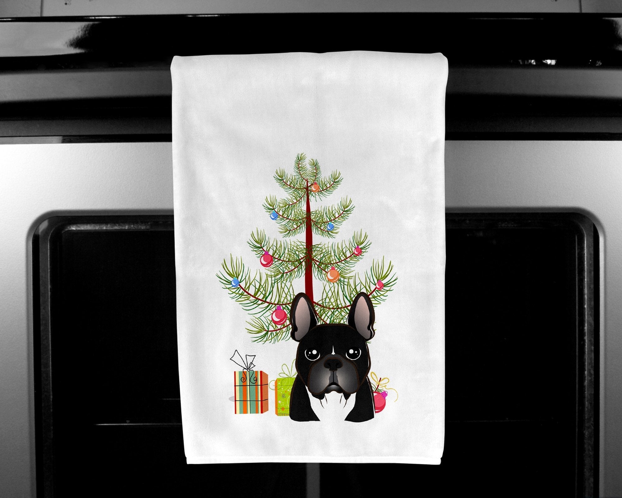 Christmas Tree and French Bulldog Kitchen Towel Set of 2 White Dish Towels Decorative Bathroom Hand towel for Hand, Face, Hair, Yoga, Tea, Dishcloth, 19 X 28", White