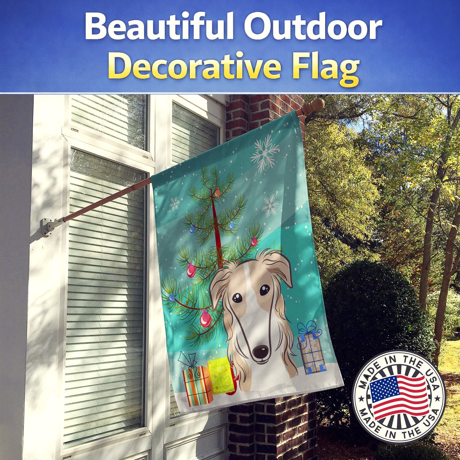 Christmas Tree and Borzoi House Flag 28x40 Porch Sleeve Pole Decorative Outside Yard Banner Artwork Wall Hanging, Polyester
