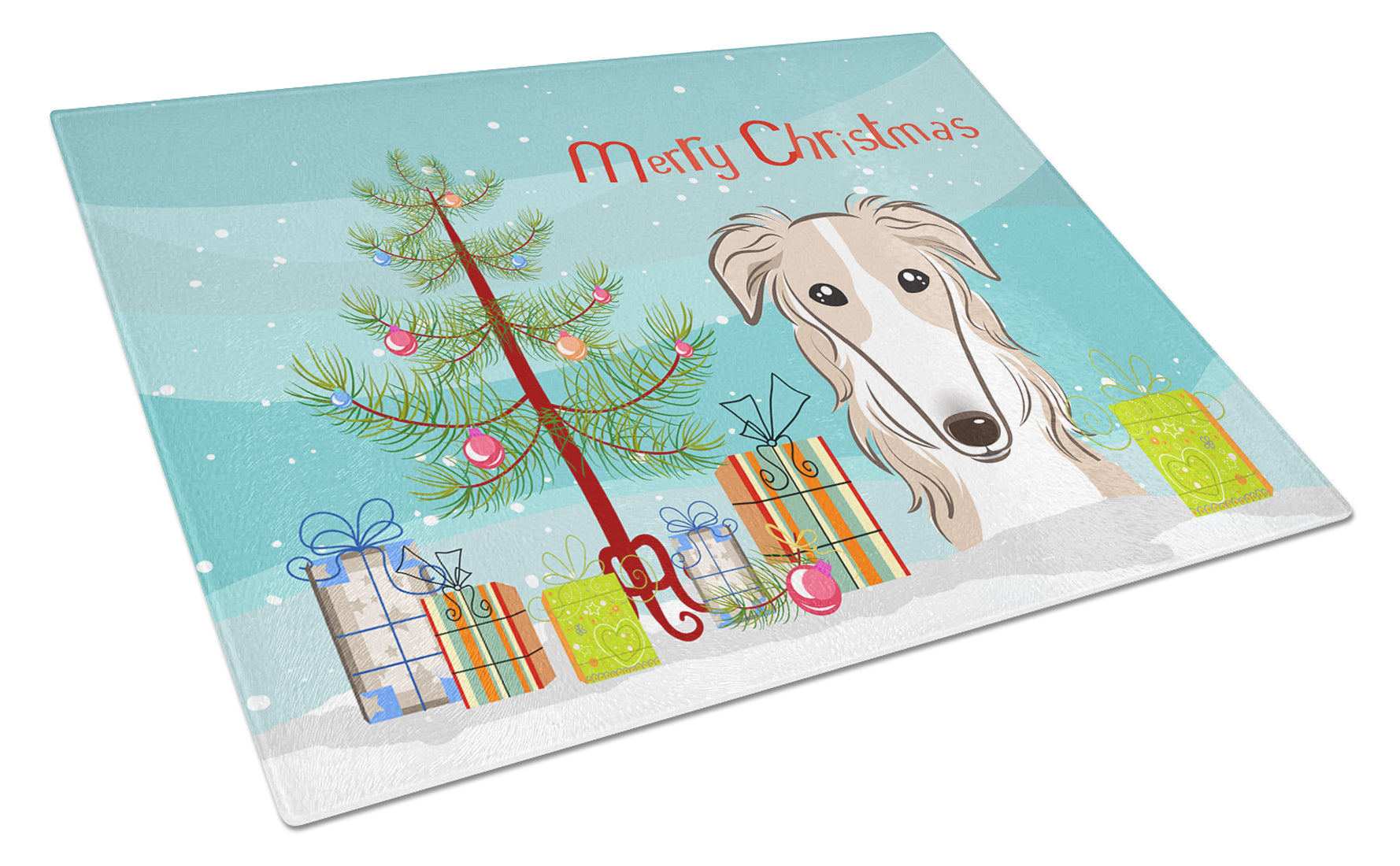 Christmas Tree and Borzoi Cutting Board Tempered Glass Kitchen Cutting Surface, Heat Resistant Chopping, Non-Slip Feet, Food Prep & Serving
