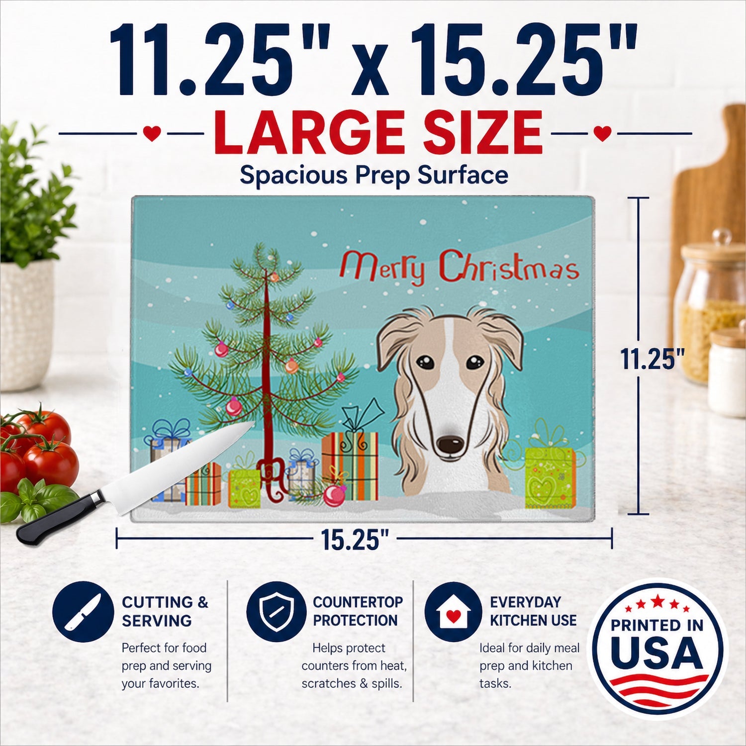Christmas Tree and Borzoi Cutting Board Tempered Glass Kitchen Cutting Surface, Heat Resistant Chopping, Non-Slip Feet, Food Prep & Serving