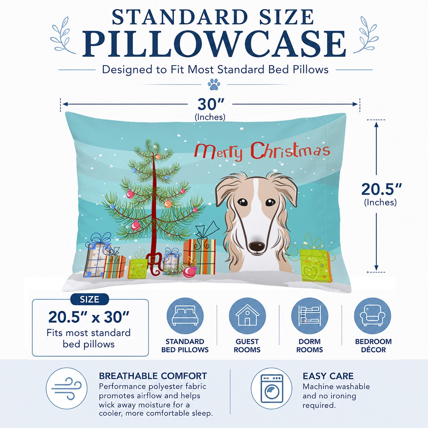 Christmas Tree and Borzoi Standard Pillowcase Lightweight Super Soft Easy Care Decorative Artwork Pillowcase, Standard