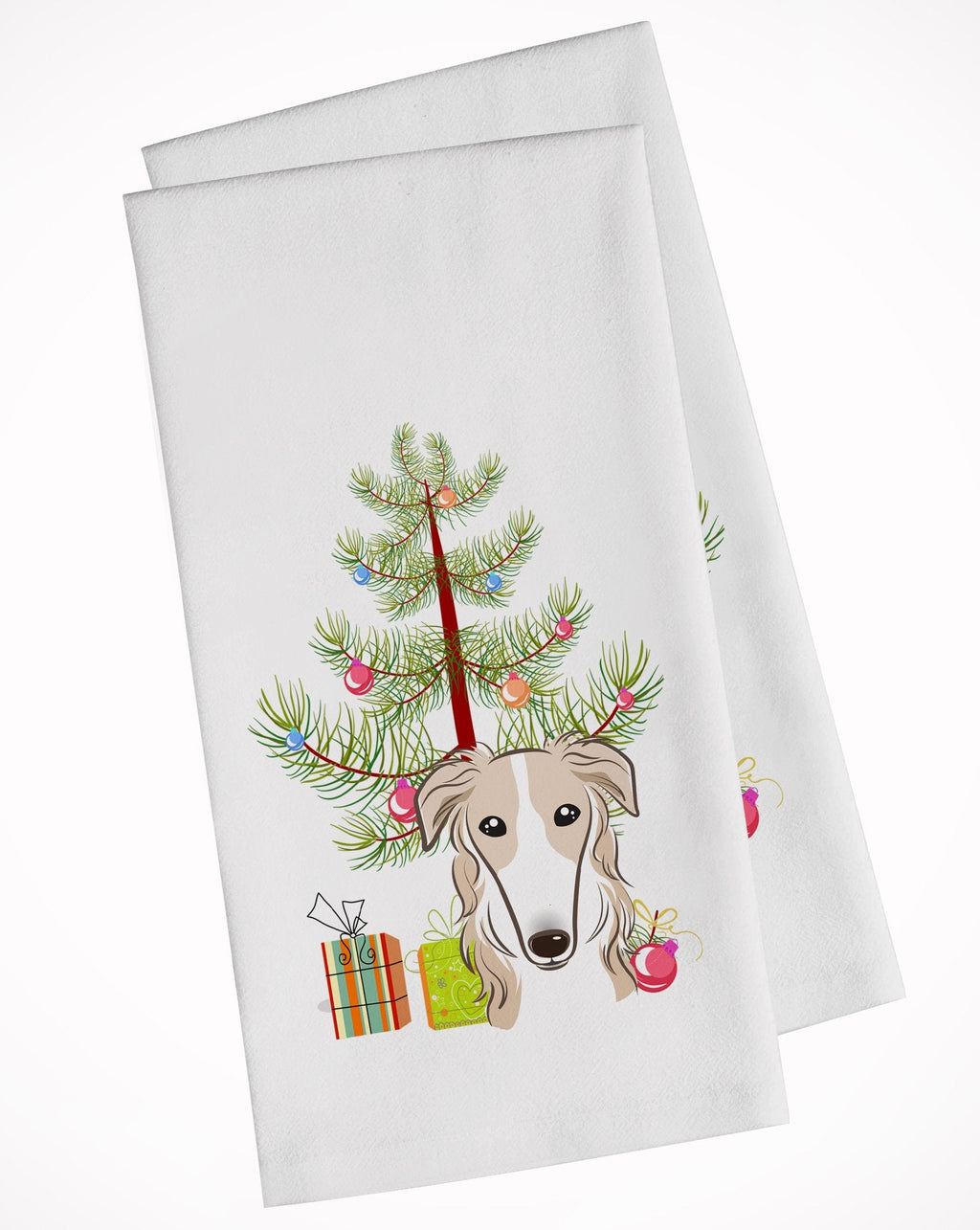 Christmas Tree and Borzoi Kitchen Towel Set of 2 White Dish Towels Decorative Bathroom Hand towel for Hand, Face, Hair, Yoga, Tea, Dishcloth, 19 X 28", White