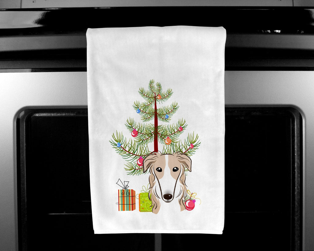 Christmas Tree and Borzoi Kitchen Towel Set of 2 White Dish Towels Decorative Bathroom Hand towel for Hand, Face, Hair, Yoga, Tea, Dishcloth, 19 X 28", White