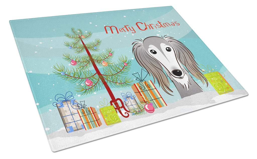 Christmas Tree and Saluki Cutting Board Tempered Glass Kitchen Cutting Surface, Heat Resistant Chopping, Non-Slip Feet, Food Prep & Serving