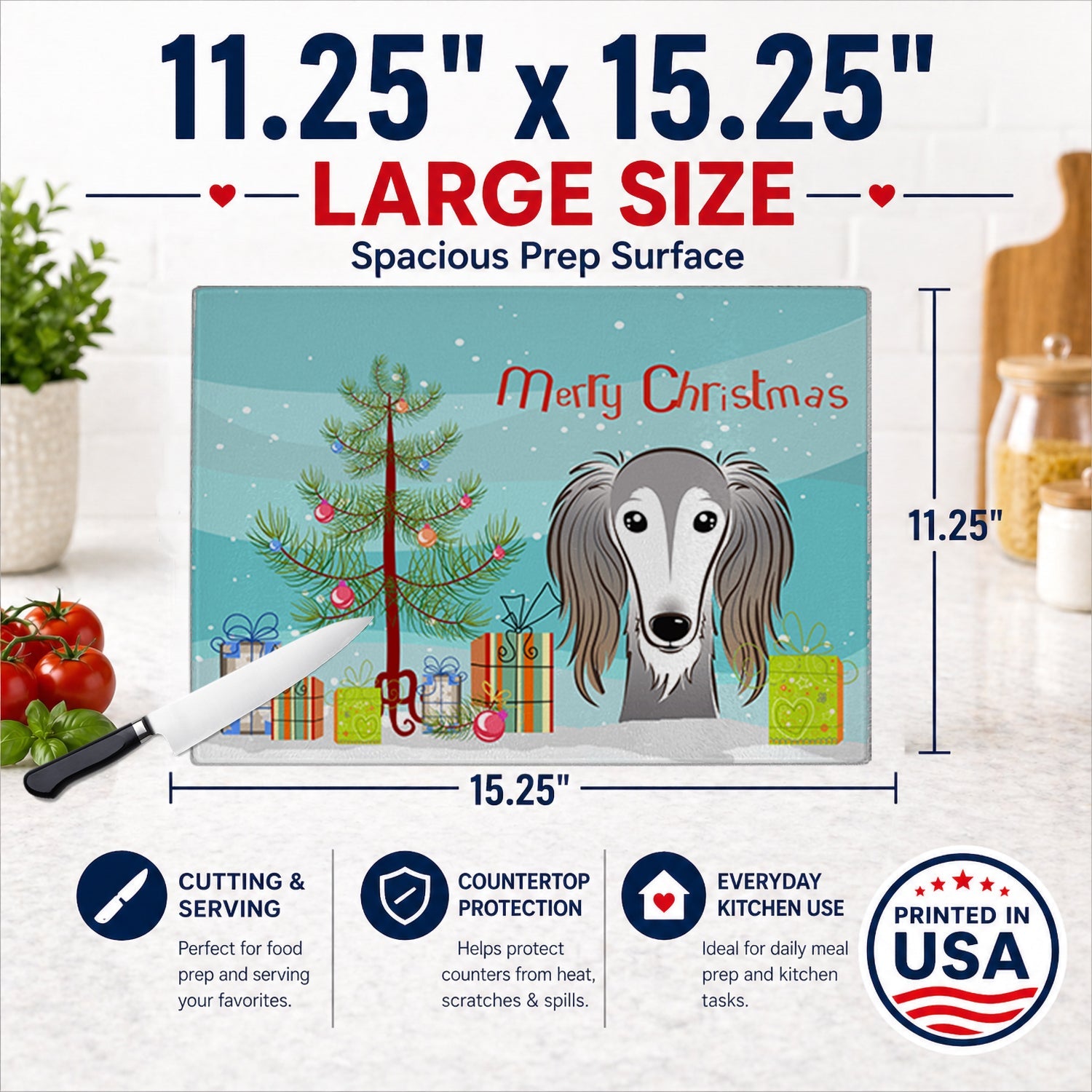 Christmas Tree and Saluki Cutting Board Tempered Glass Kitchen Cutting Surface, Heat Resistant Chopping, Non-Slip Feet, Food Prep & Serving