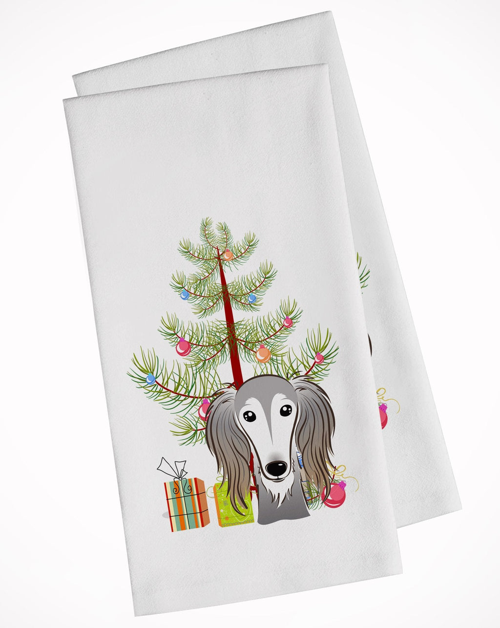 Christmas Tree and Saluki Kitchen Towel Set of 2 White Dish Towels Decorative Bathroom Hand towel for Hand, Face, Hair, Yoga, Tea, Dishcloth, 19 X 28", White