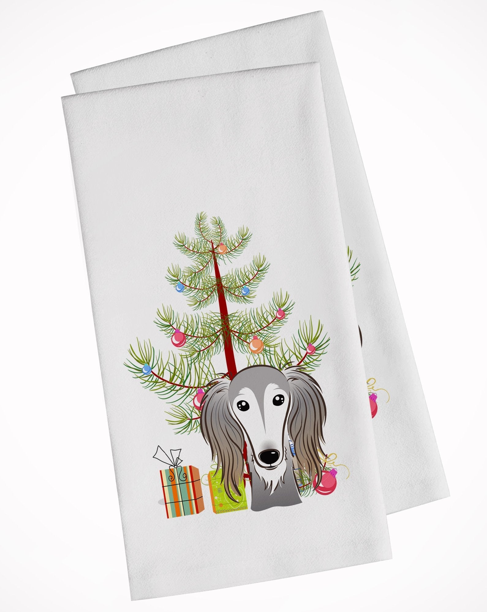 Christmas Tree and Saluki Kitchen Towel Set of 2 White Dish Towels Decorative Bathroom Hand towel for Hand, Face, Hair, Yoga, Tea, Dishcloth, 19 X 28", White