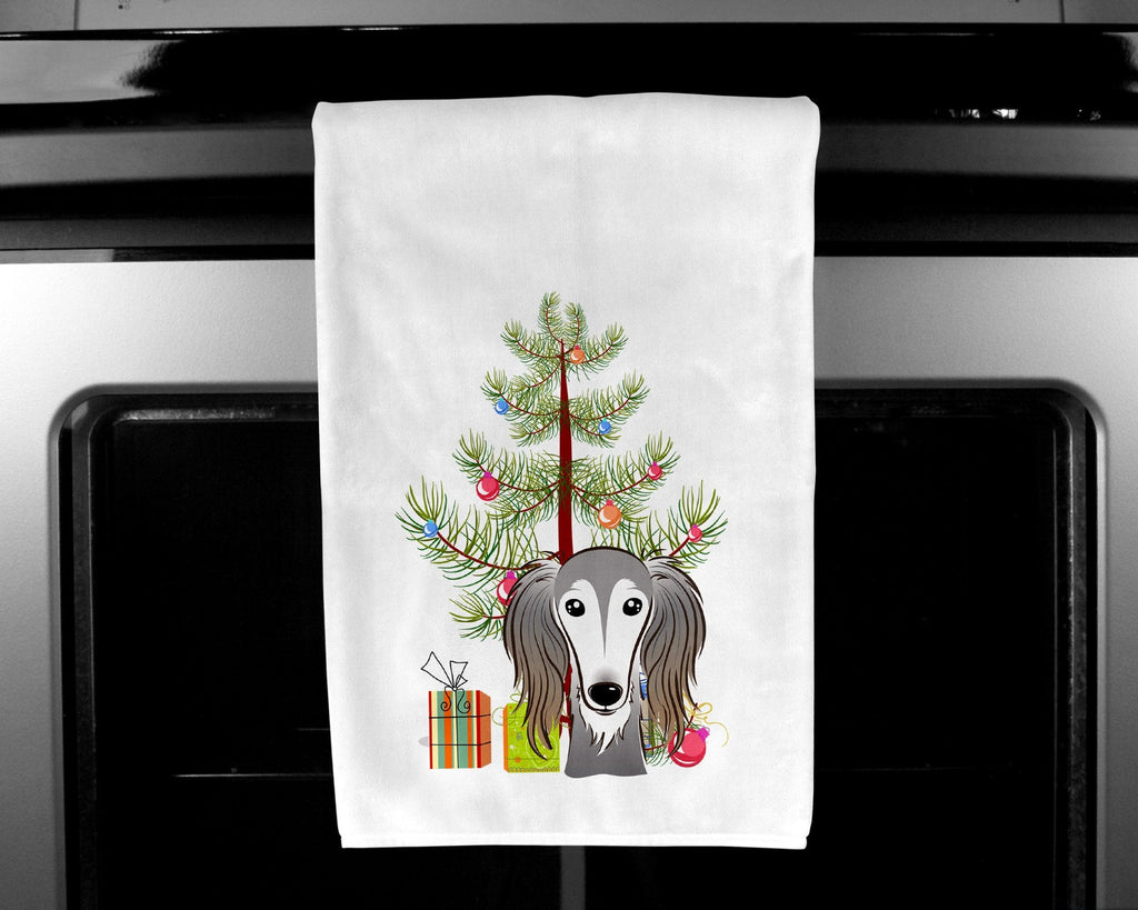 Christmas Tree and Saluki Kitchen Towel Set of 2 White Dish Towels Decorative Bathroom Hand towel for Hand, Face, Hair, Yoga, Tea, Dishcloth, 19 X 28", White