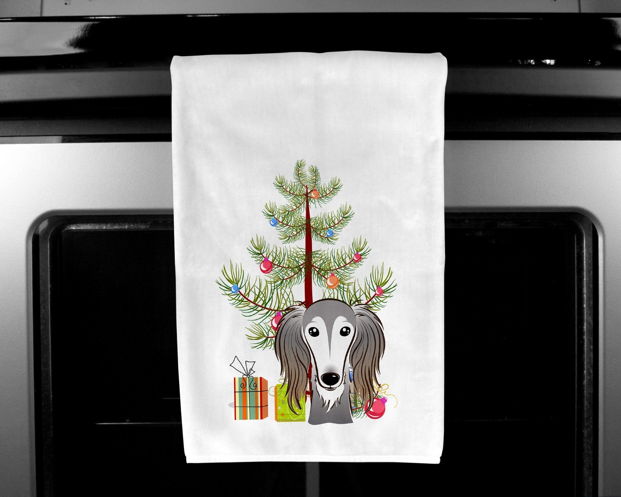 Christmas Tree and Saluki Kitchen Towel Set of 2 White Dish Towels Decorative Bathroom Hand towel for Hand, Face, Hair, Yoga, Tea, Dishcloth, 19 X 28", White