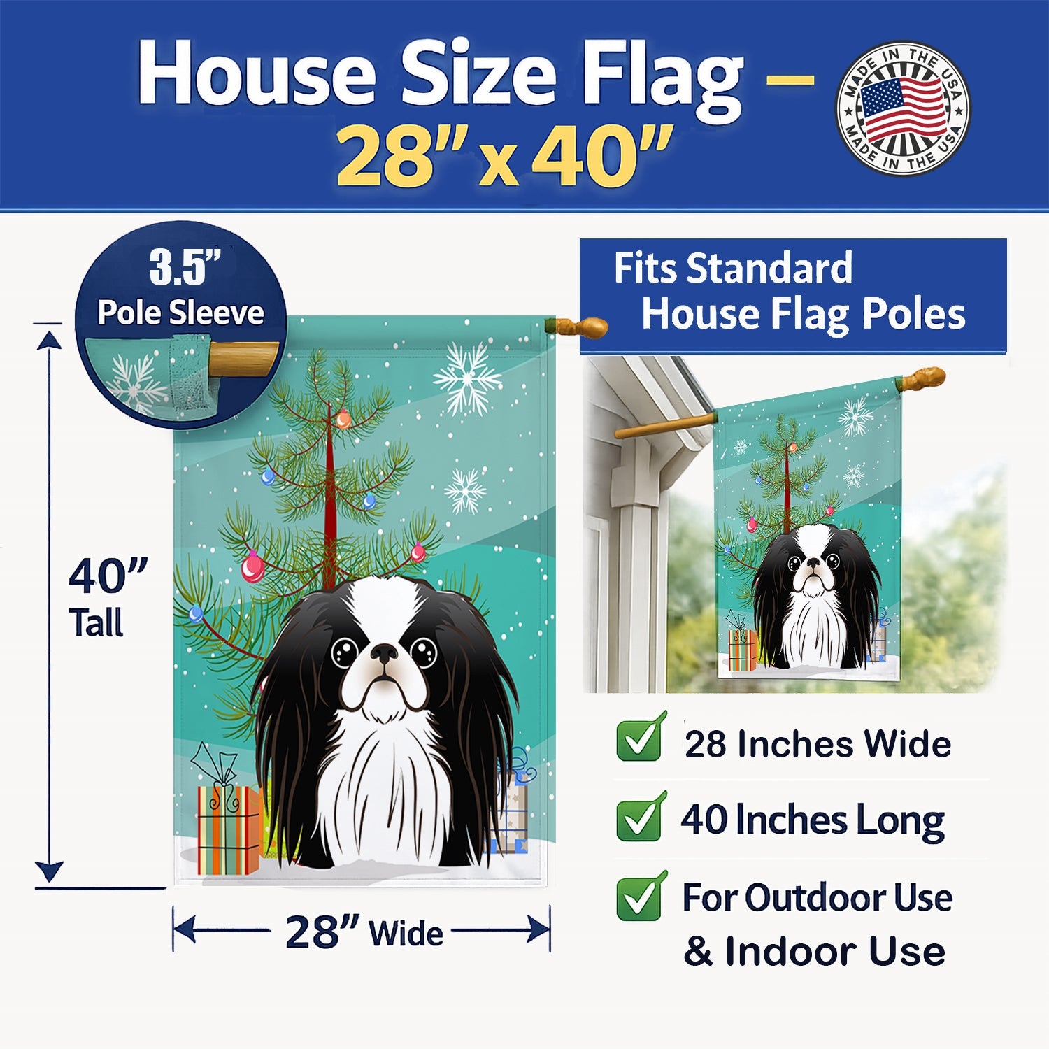 Christmas Tree and Japanese Chin House Flag 28x40 Porch Sleeve Pole Decorative Outside Yard Banner Artwork Wall Hanging, Polyester