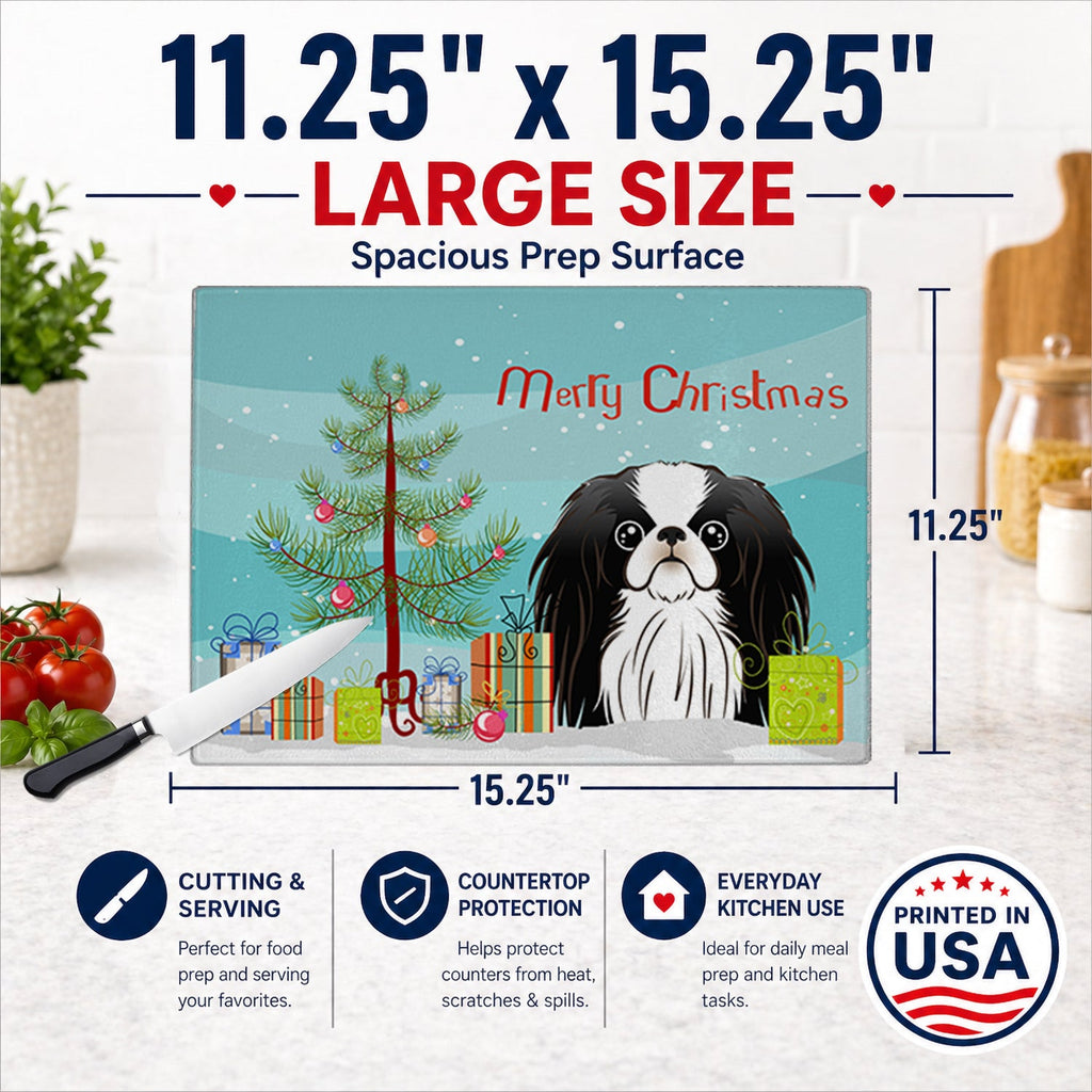 Christmas Tree and Japanese Chin Cutting Board Tempered Glass Kitchen Cutting Surface, Heat Resistant Chopping, Non-Slip Feet, Food Prep & Serving
