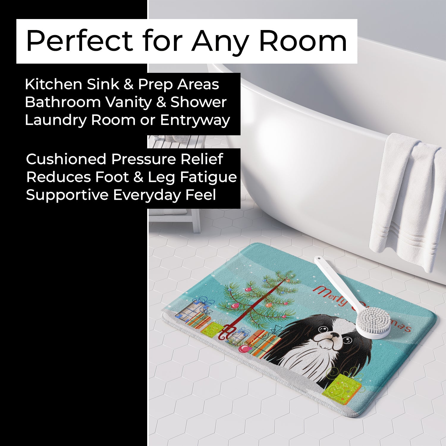 Christmas Tree and Japanese Chin Memory Foam Kitchen Mat Machine Washable Anti-Fatigue Cushion Comfort Bath or Kitchen Rug