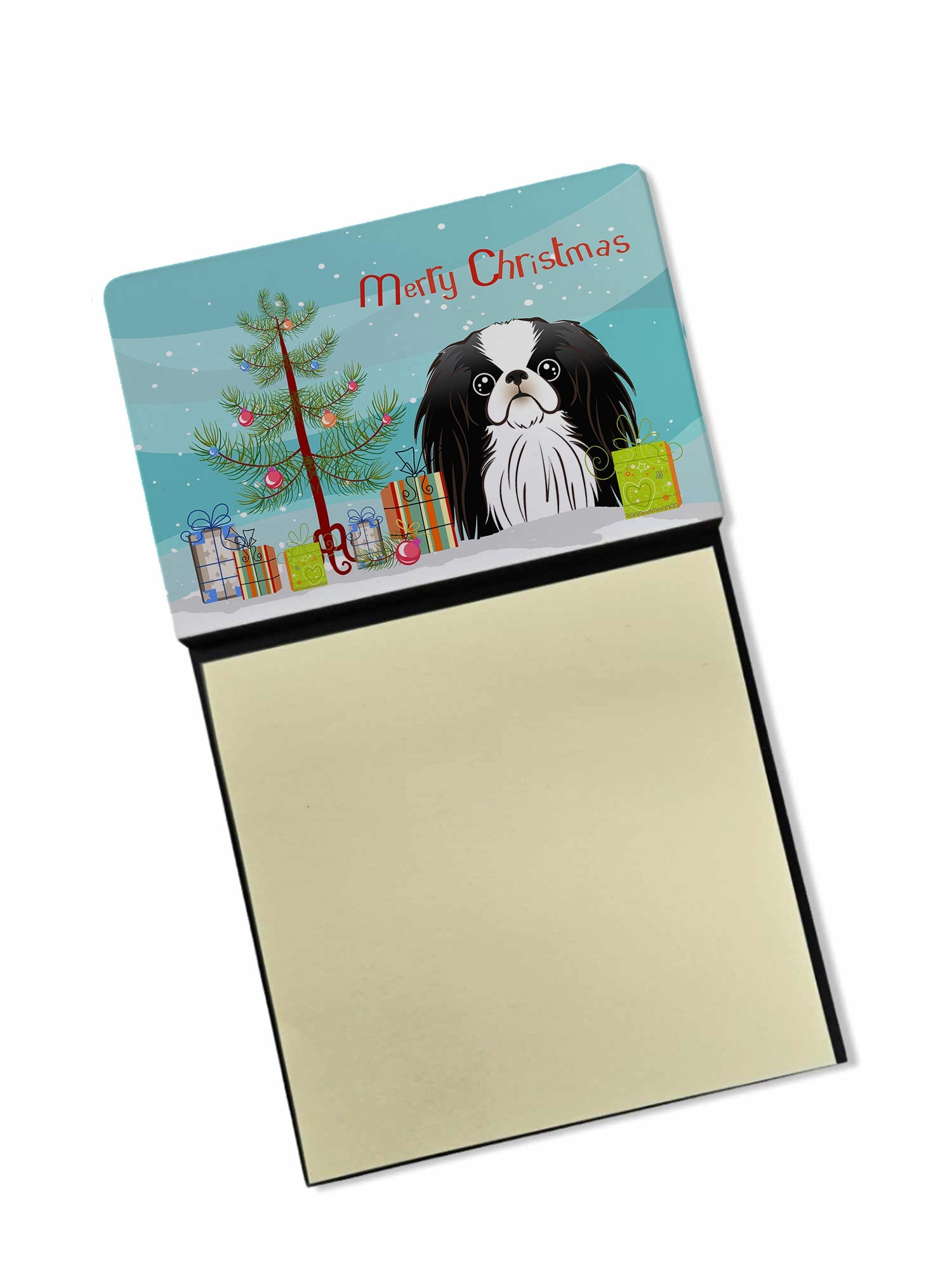 Christmas Tree and Japanese Chin Watercolor Sticky Note Holder Refillable Dispenser Desk Accessory 3x3 Pad Gift