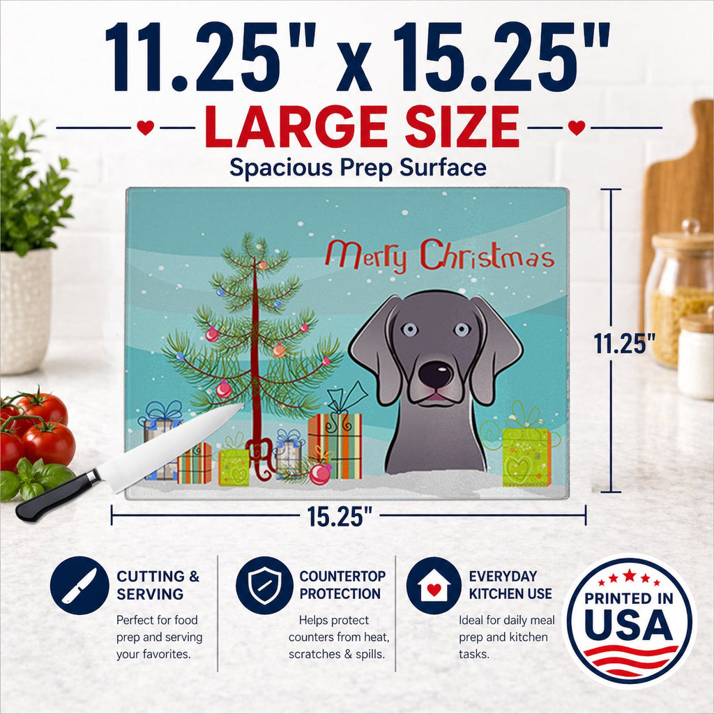 Christmas Tree and Weimaraner Cutting Board Tempered Glass Kitchen Cutting Surface, Heat Resistant Chopping, Non-Slip Feet, Food Prep & Serving
