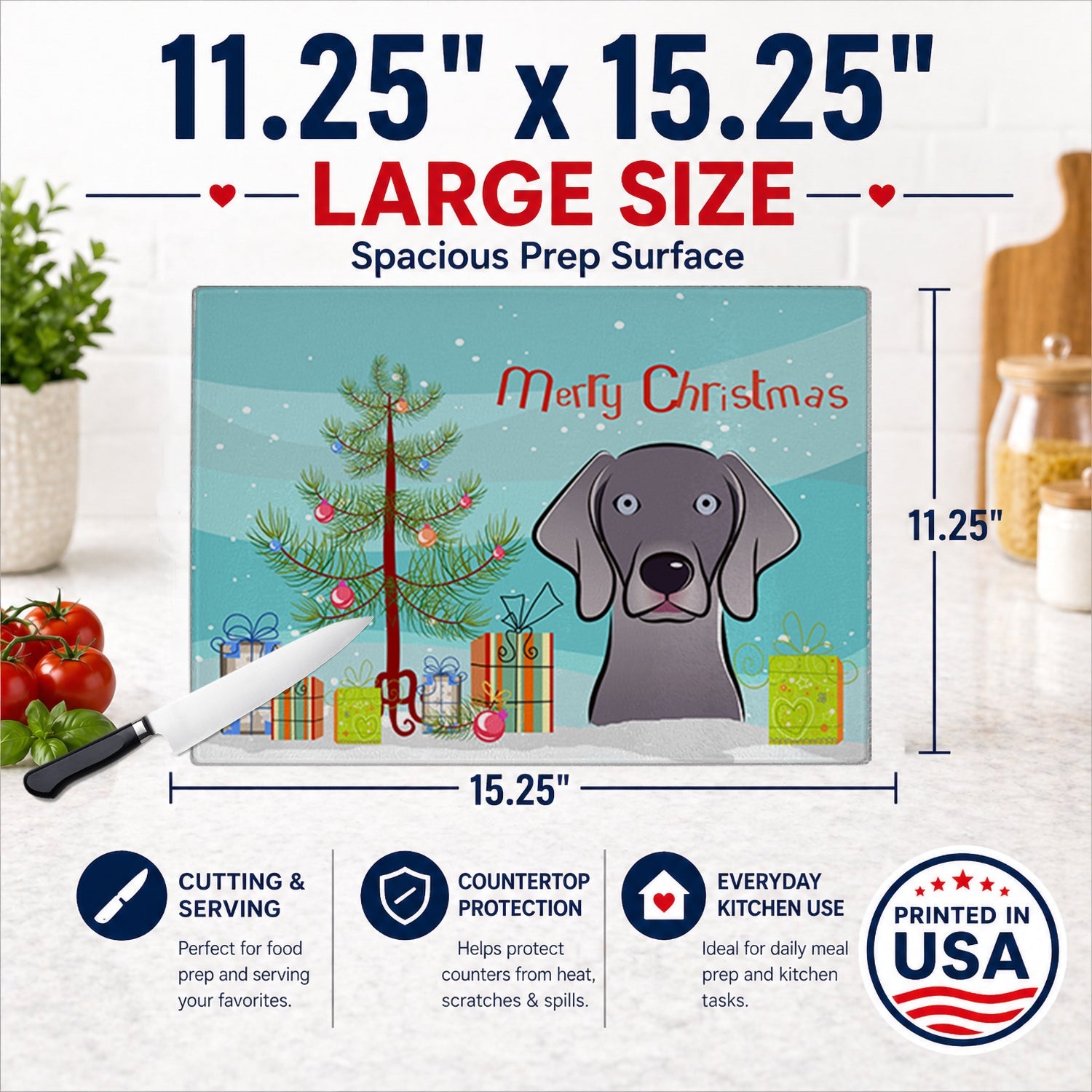 Christmas Tree and Weimaraner Cutting Board Tempered Glass Kitchen Cutting Surface, Heat Resistant Chopping, Non-Slip Feet, Food Prep & Serving