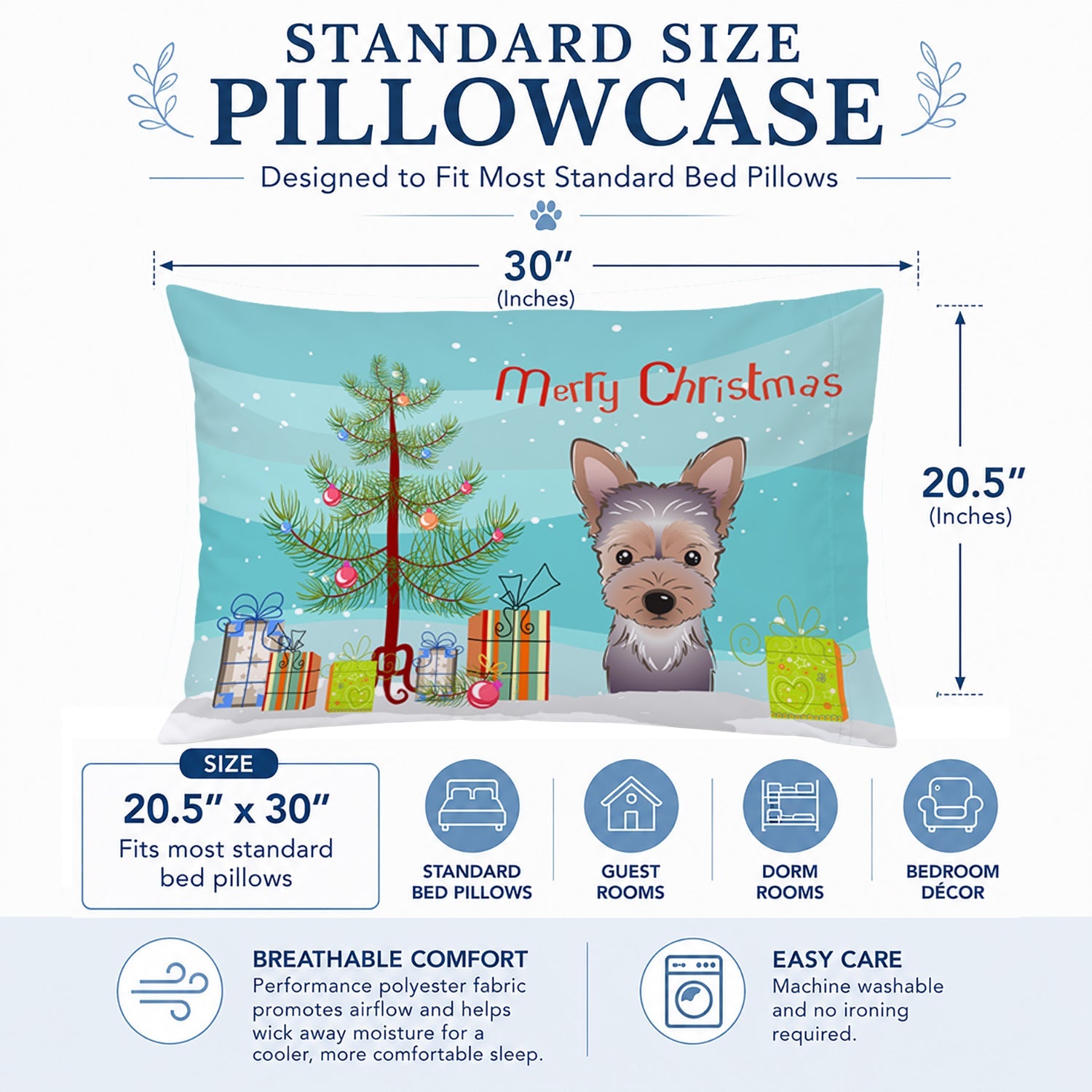 Christmas Tree and Yorkie Puppy Standard Pillowcase Lightweight Super Soft Easy Care Decorative Artwork Pillowcase, Standard