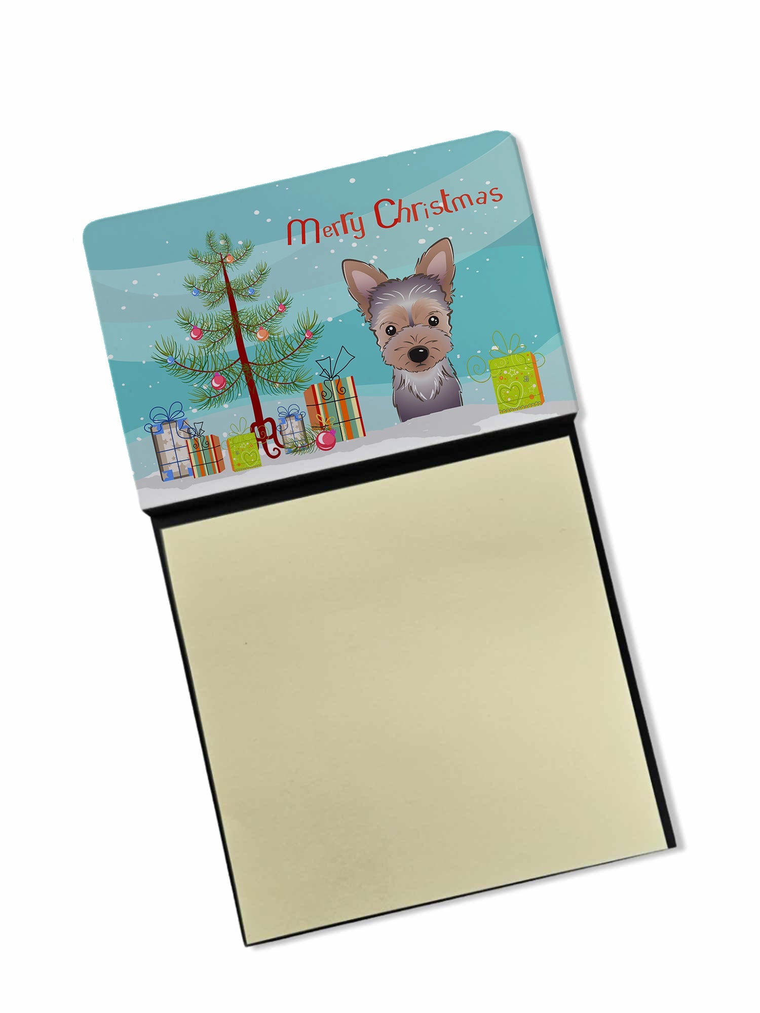 Christmas Tree and Yorkie Puppy Watercolor Sticky Note Holder Refillable Dispenser Desk Accessory 3x3 Pad Gift