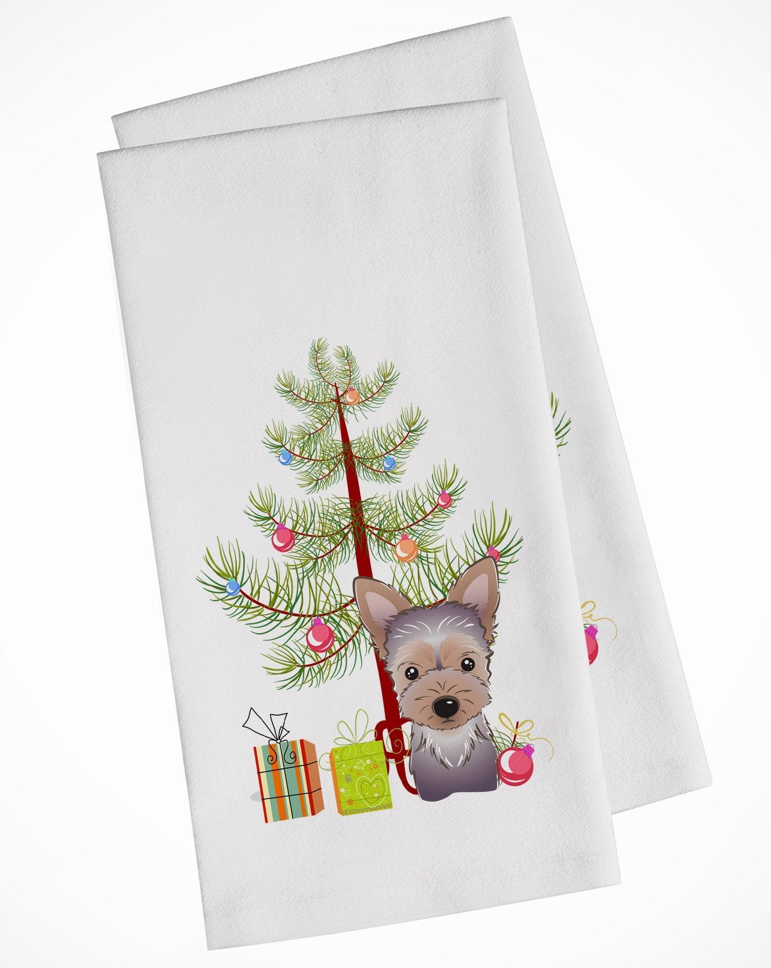 Christmas Tree and Yorkie Puppy Kitchen Towel Set of 2 White Dish Towels Decorative Bathroom Hand towel for Hand, Face, Hair, Yoga, Tea, Dishcloth, 19 X 28", White