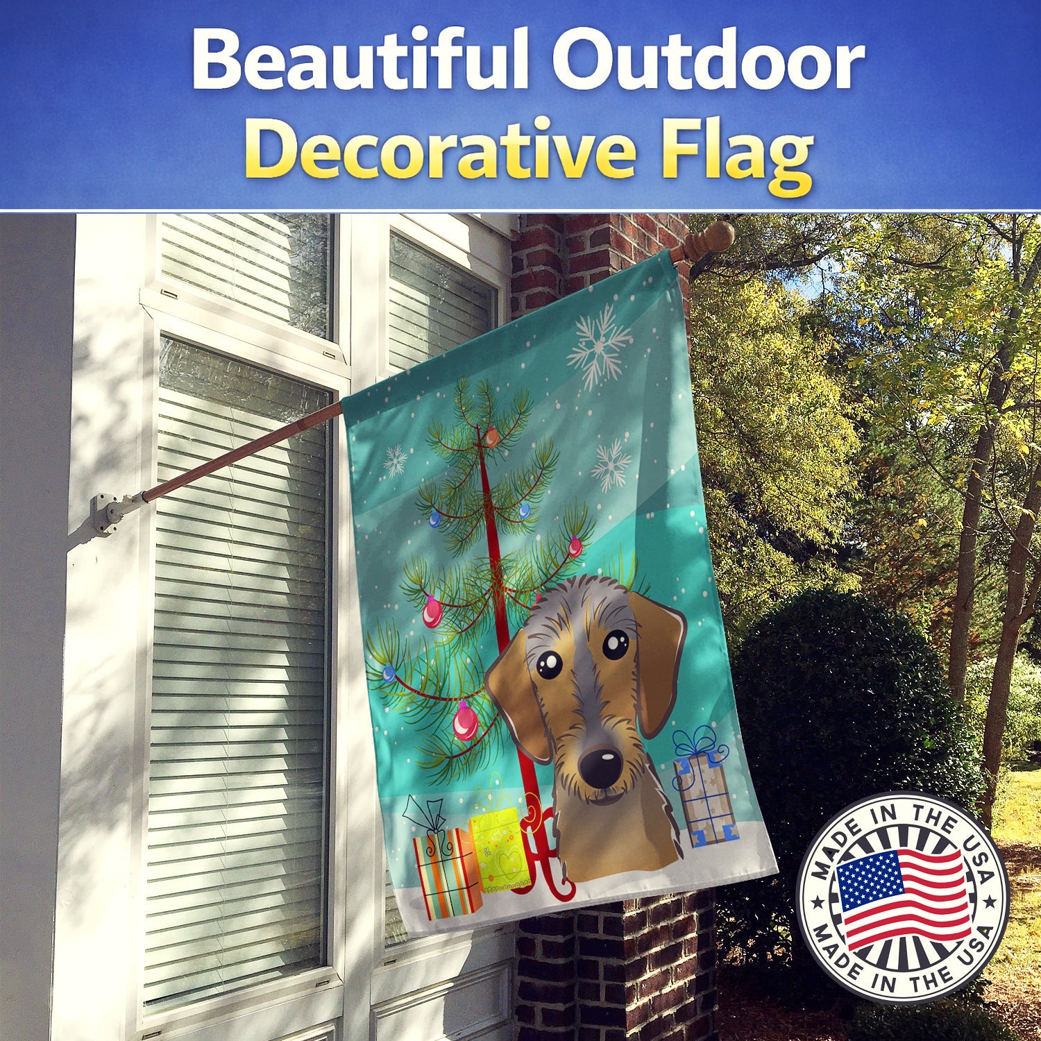 Christmas Tree and Wirehaired Dachshund House Flag 28x40 Porch Sleeve Pole Decorative Outside Yard Banner Artwork Wall Hanging, Polyester
