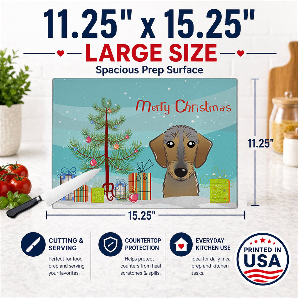 Christmas Tree and Wirehaired Dachshund Cutting Board Tempered Glass Kitchen Cutting Surface, Heat Resistant Chopping, Non-Slip Feet, Food Prep & Serving