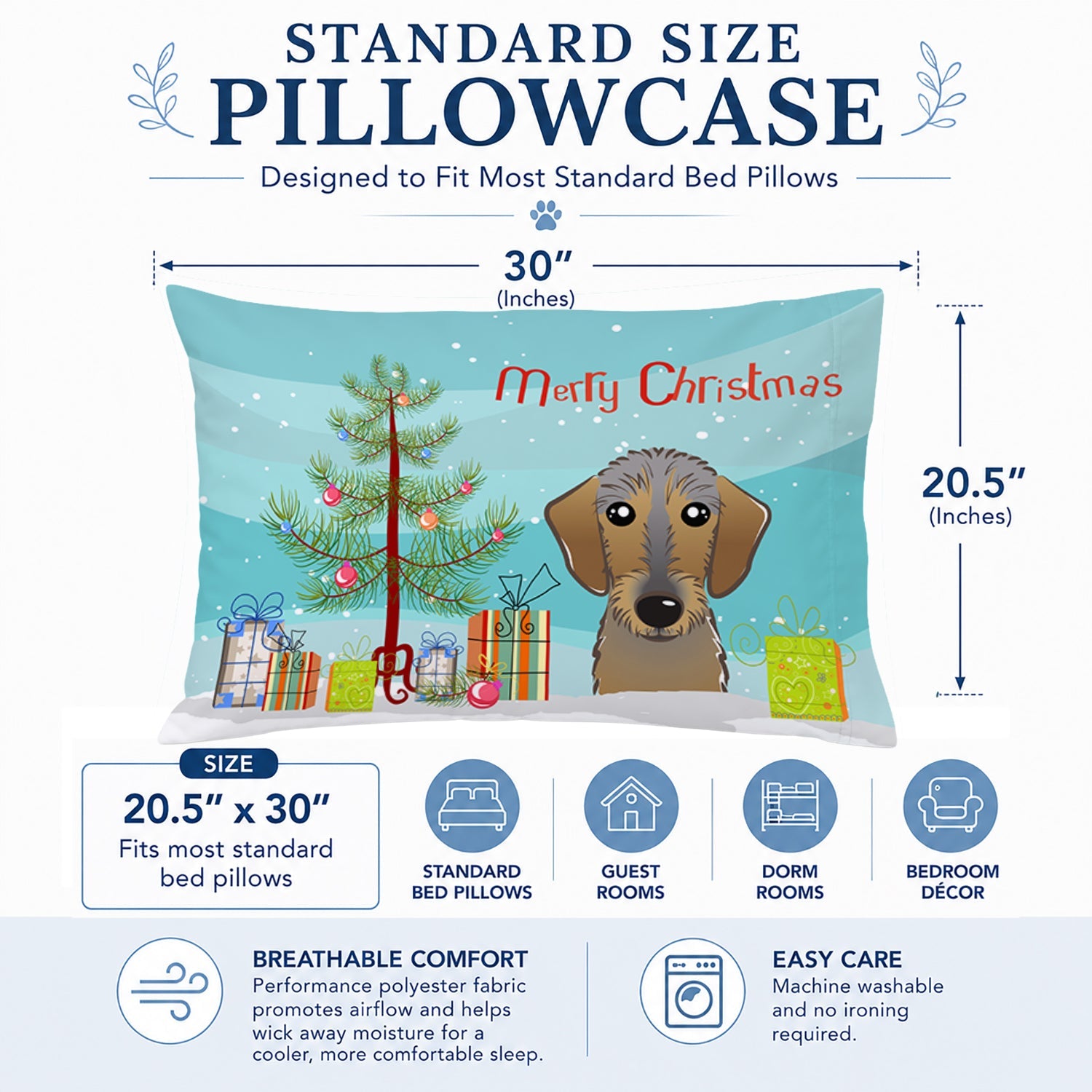 Christmas Tree and Wirehaired Dachshund Standard Pillowcase Lightweight Super Soft Easy Care Decorative Artwork Pillowcase, Standard