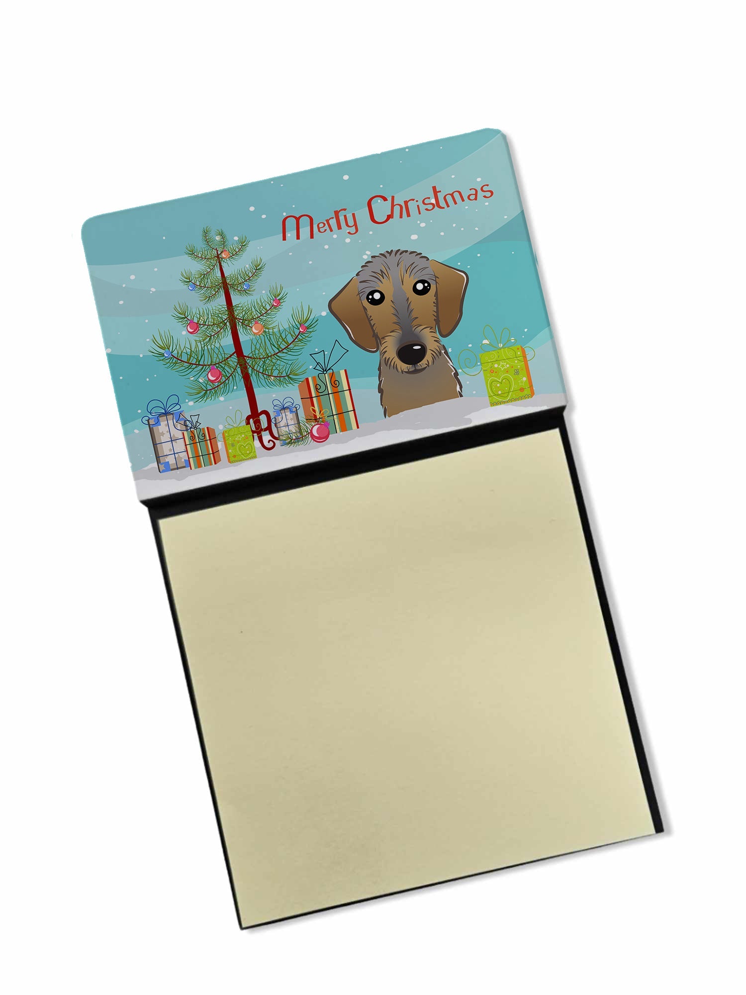 Christmas Tree and Wirehaired Dachshund Watercolor Sticky Note Holder Refillable Dispenser Desk Accessory 3x3 Pad Gift