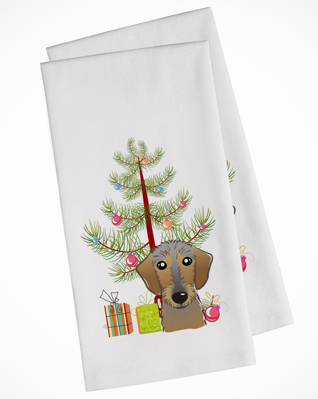 Christmas Tree and Wirehaired Dachshund Kitchen Towel Set of 2 White Dish Towels Decorative Bathroom Hand towel for Hand, Face, Hair, Yoga, Tea, Dishcloth, 19 X 28", White