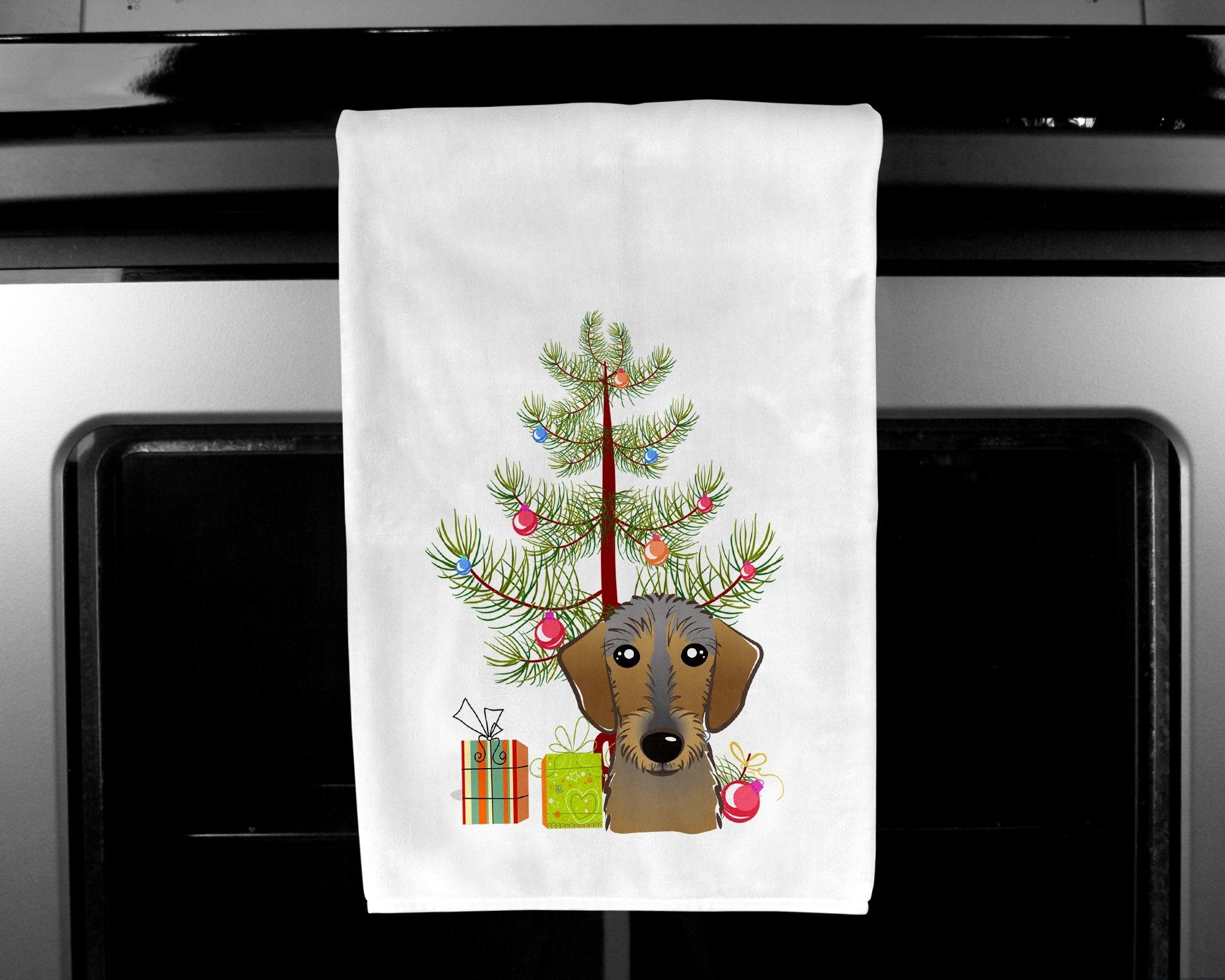 Christmas Tree and Wirehaired Dachshund Kitchen Towel Set of 2 White Dish Towels Decorative Bathroom Hand towel for Hand, Face, Hair, Yoga, Tea, Dishcloth, 19 X 28", White