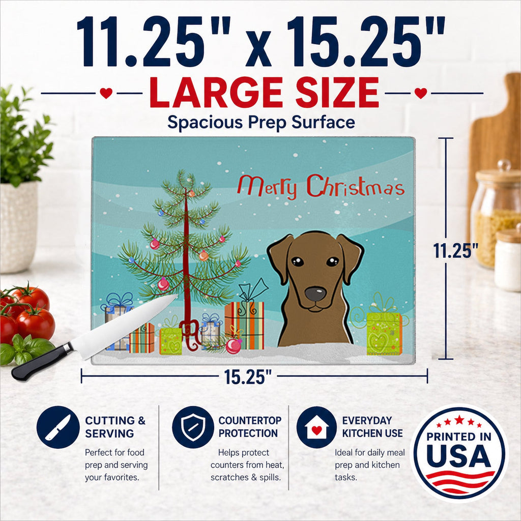 Christmas Tree and Chocolate Labrador Cutting Board Tempered Glass Kitchen Cutting Surface, Heat Resistant Chopping, Non-Slip Feet, Food Prep & Serving