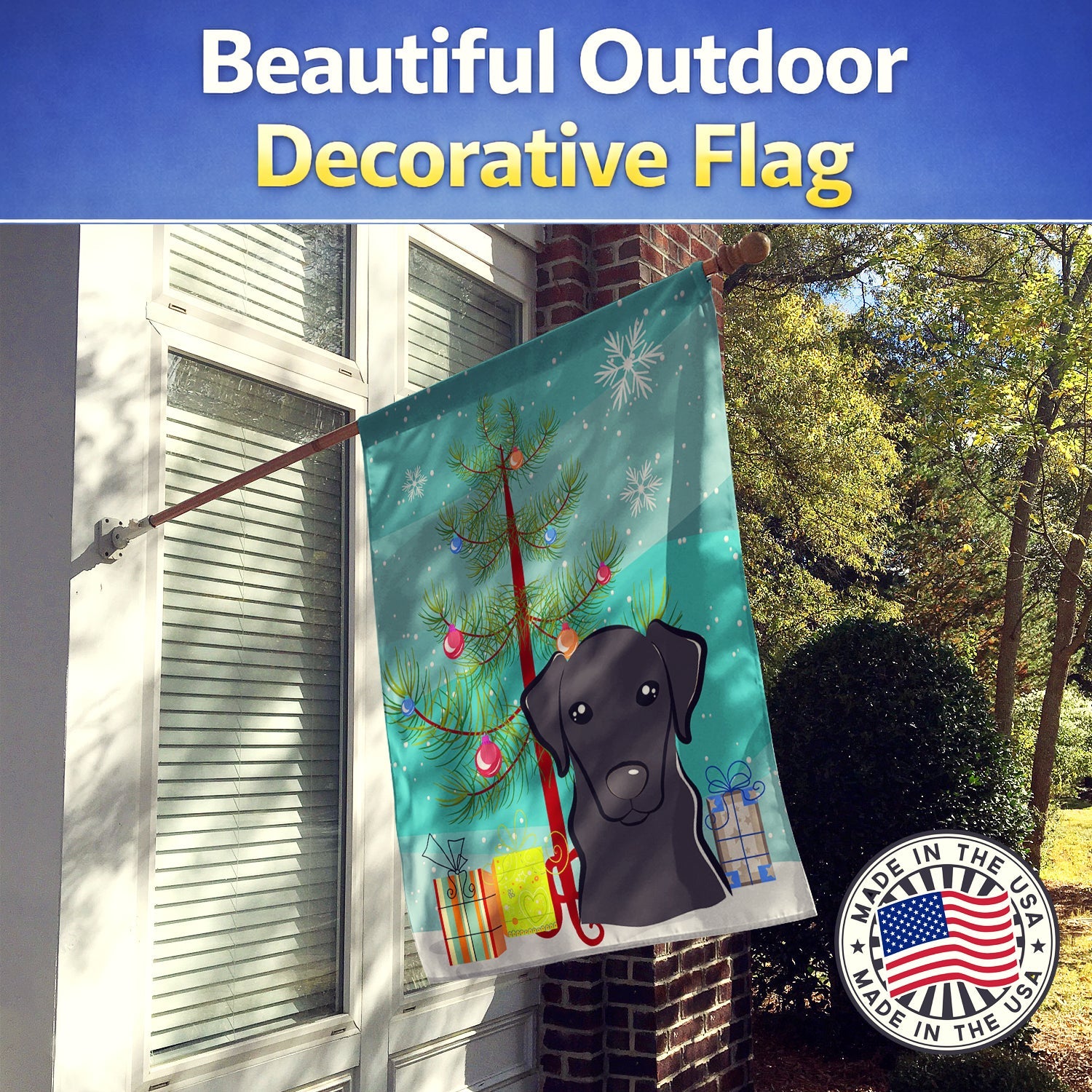Christmas Tree and Black Labrador House Flag 28x40 Porch Sleeve Pole Decorative Outside Yard Banner Artwork Wall Hanging, Polyester