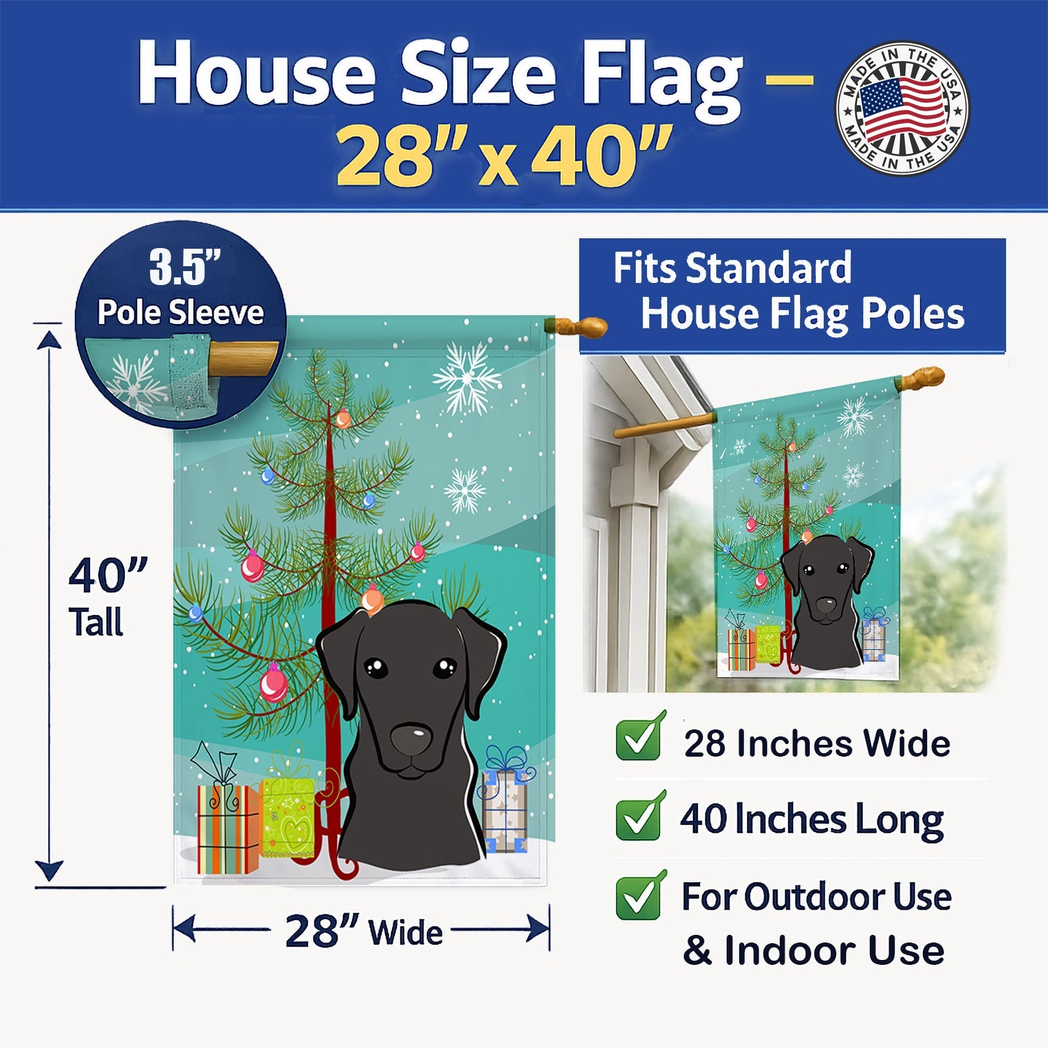 Christmas Tree and Black Labrador House Flag 28x40 Porch Sleeve Pole Decorative Outside Yard Banner Artwork Wall Hanging, Polyester