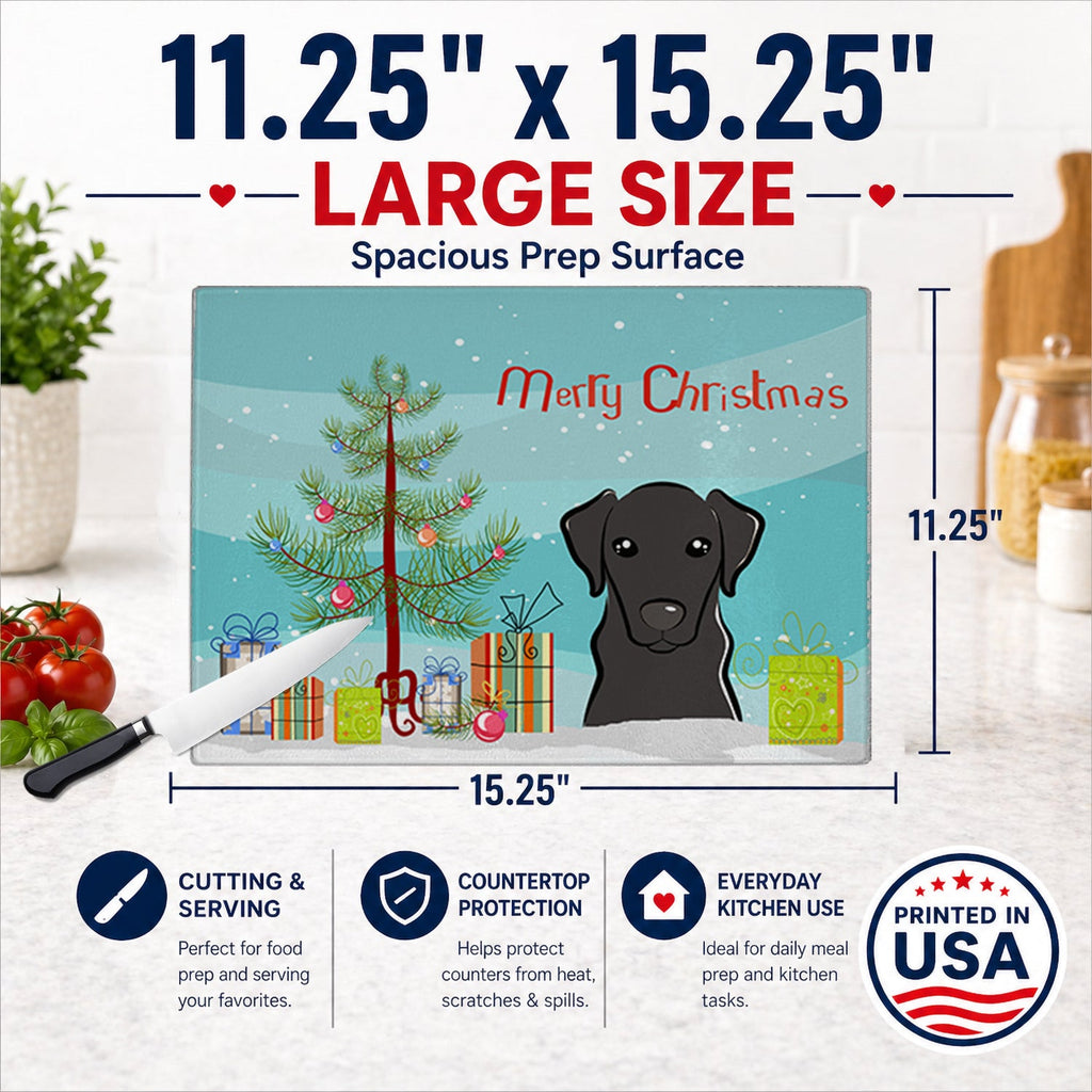 Christmas Tree and Black Labrador Cutting Board Tempered Glass Kitchen Cutting Surface, Heat Resistant Chopping, Non-Slip Feet, Food Prep & Serving