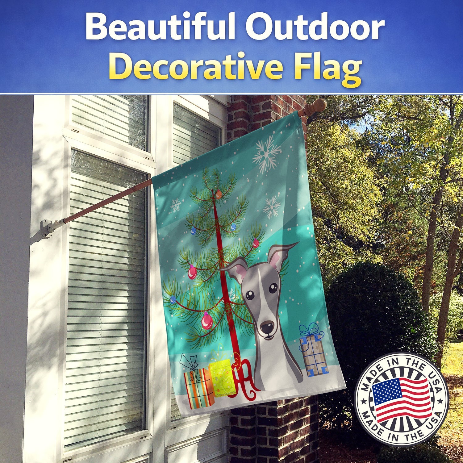 Christmas Tree and Italian Greyhound House Flag 28x40 Porch Sleeve Pole Decorative Outside Yard Banner Artwork Wall Hanging, Polyester
