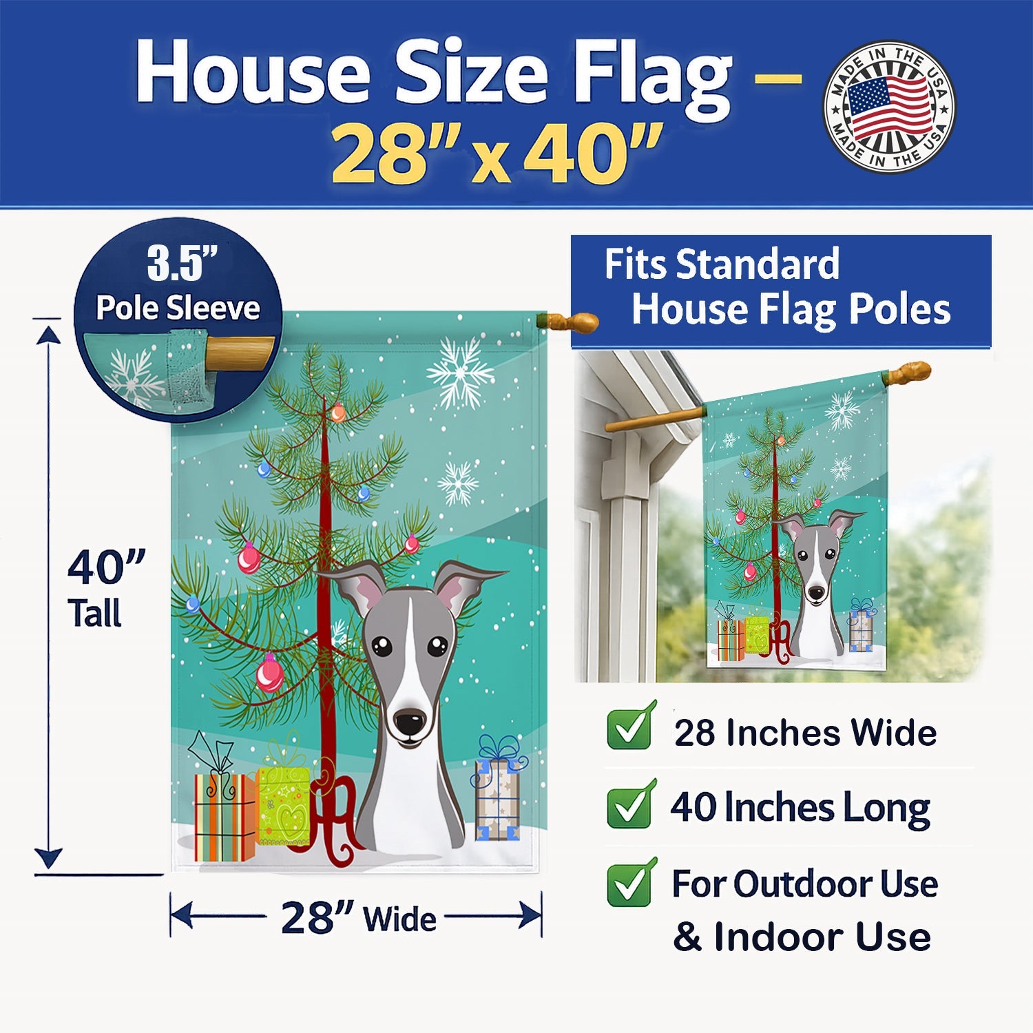 Christmas Tree and Italian Greyhound House Flag 28x40 Porch Sleeve Pole Decorative Outside Yard Banner Artwork Wall Hanging, Polyester